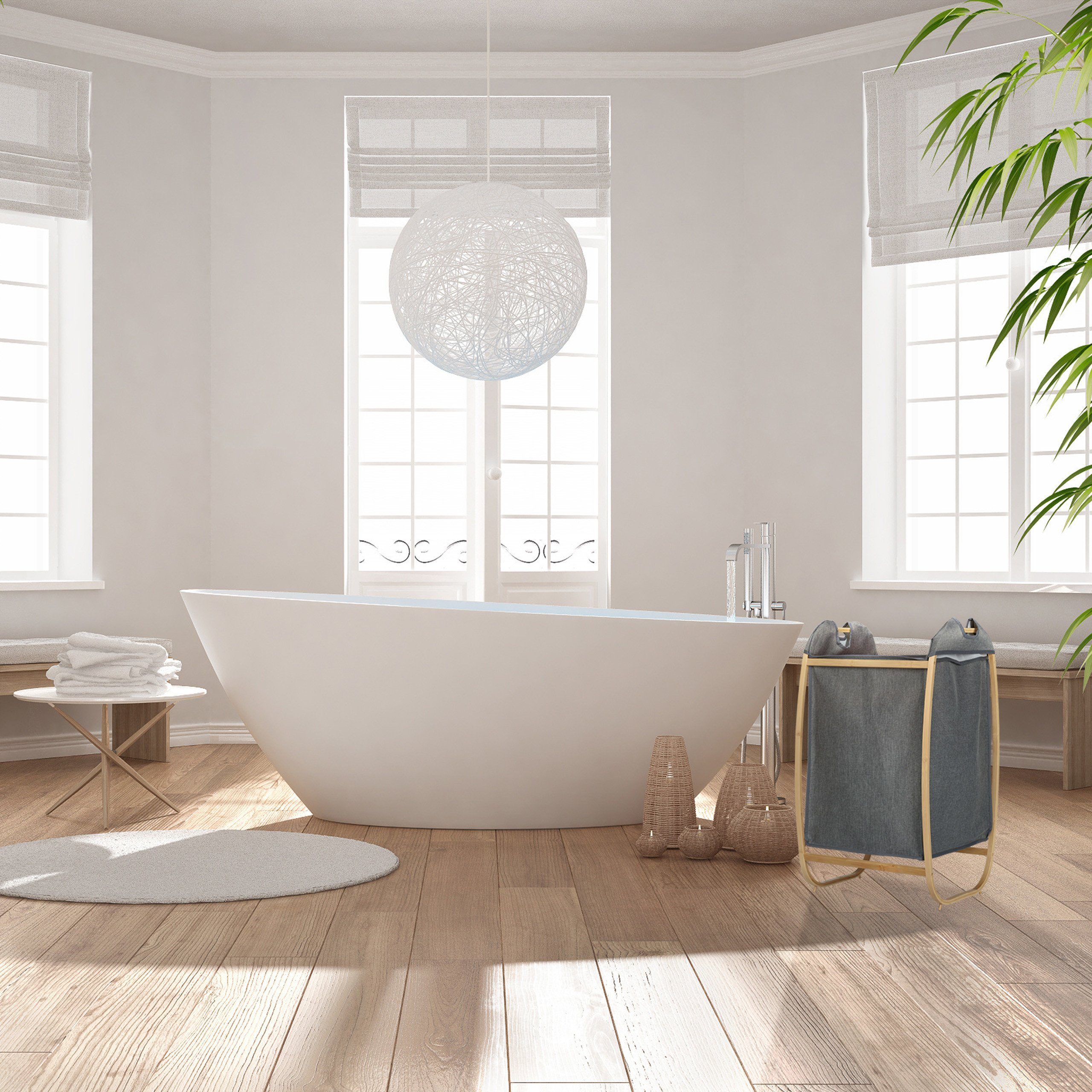 relaxdays Wäschekorb Grauer Wäschekorb mit Bambusrahmen günstig online kaufen