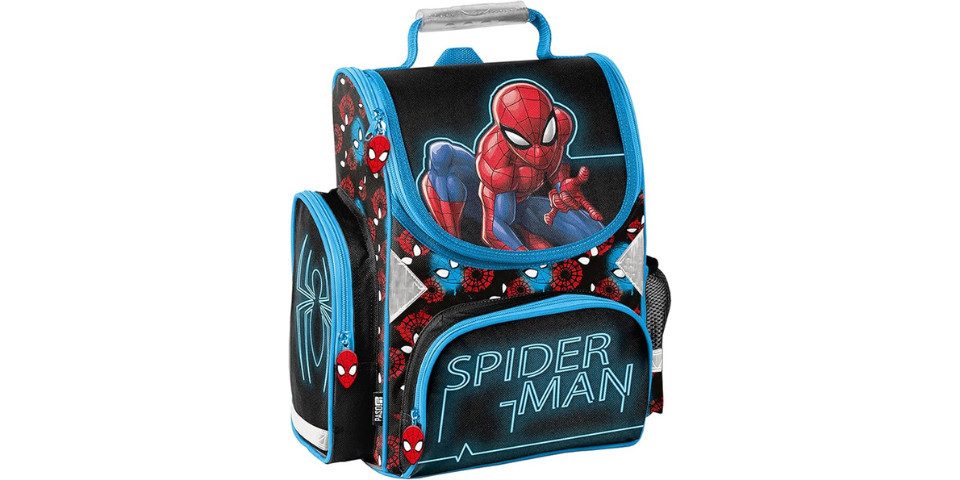 GOLDKIDS Schulranzen Ranzen Marvel Spiderman (Comics schwarz Tornister Jungen Mädchen, 1-tlg., ab der 1. Klasse der Grundschule ink), Aufgabenheft