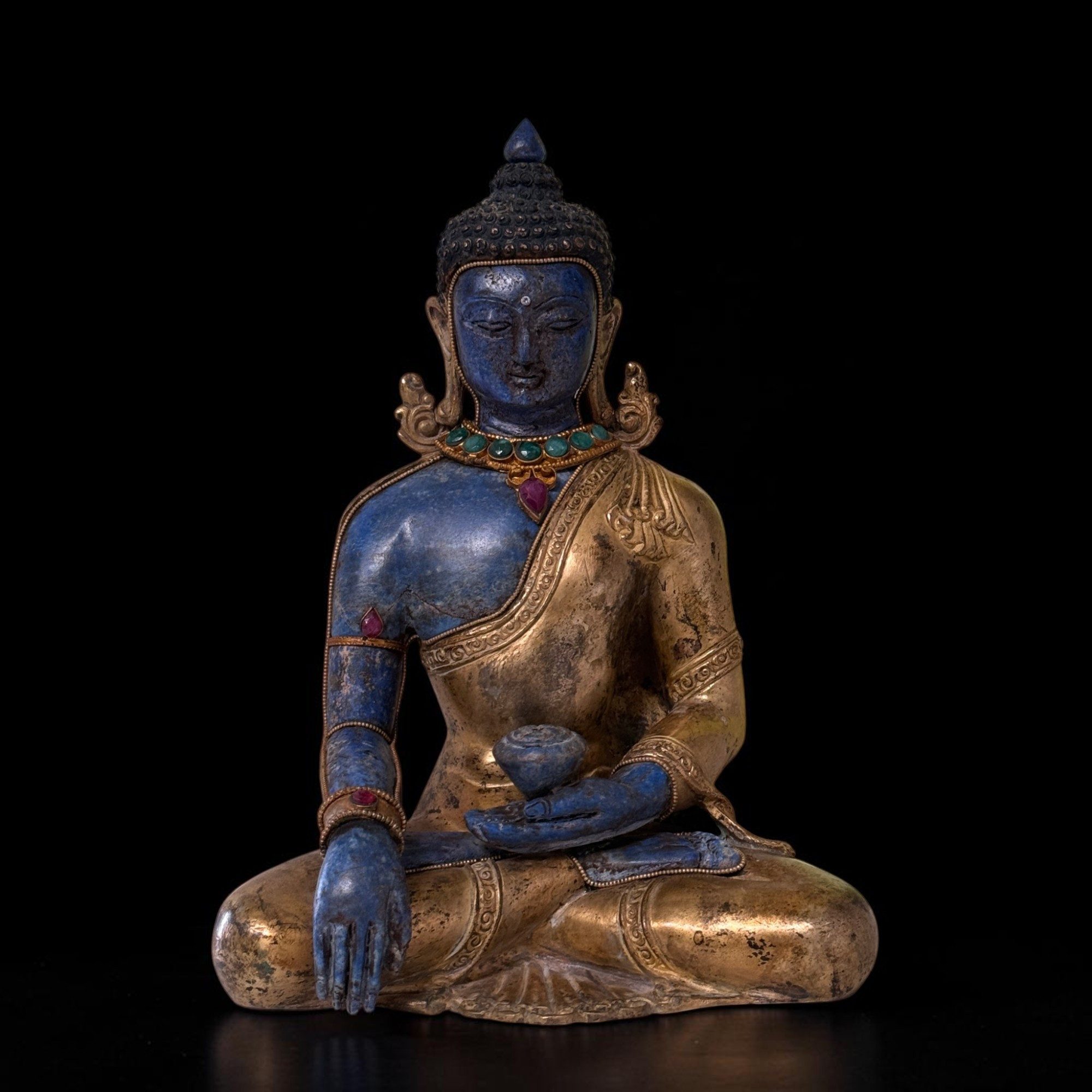 Asien LifeStyle Buddhafigur Siddharta Gautama Buddha Bronze Figur feuervergoldet Lapis Nepal