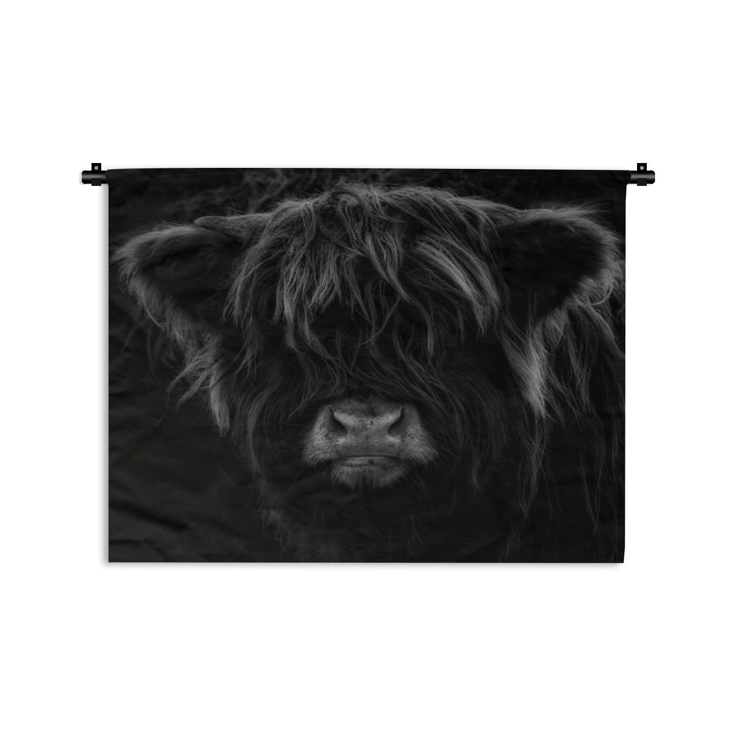 MuchoWow Wanddekoobjekt Schottischer Highlander - Kuh - Porträt - Tiere - Schwarz - Weiß, Wanddeko für Wohnzimmer, Schlafzimmer, Kleid, Wandbehang, Kinderzimmer