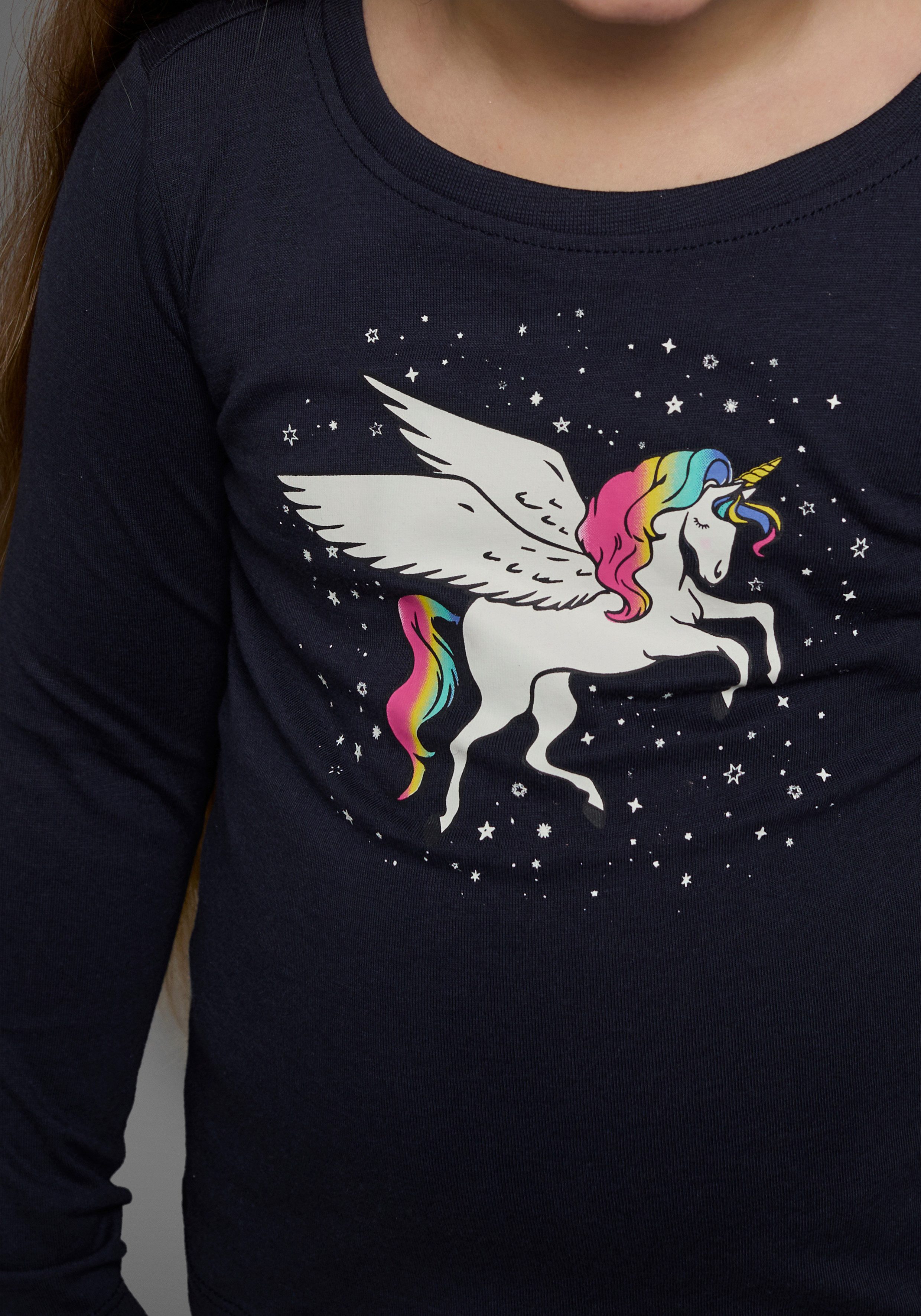KIDSWORLD Langarmshirt mit süßem Einhorn Druck langärmlig, hüftlange Passform, stylischer Druck