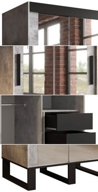 Feldmann-Wohnen Schiebetürenschrank Loft (Loft, 1-St) Breite wählbar beton / schwarz mit Spiegel und Schubladen
