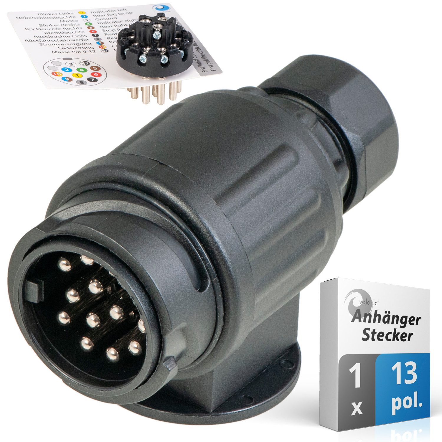 valonic valonic - KFZ Stecker 13 pin für Anhänger Anhänger-Adapter 13 polig zu Anhänger-Kabelbaum, inkl. Verkabelungshilfe - für Anhänger und Wohnwagen