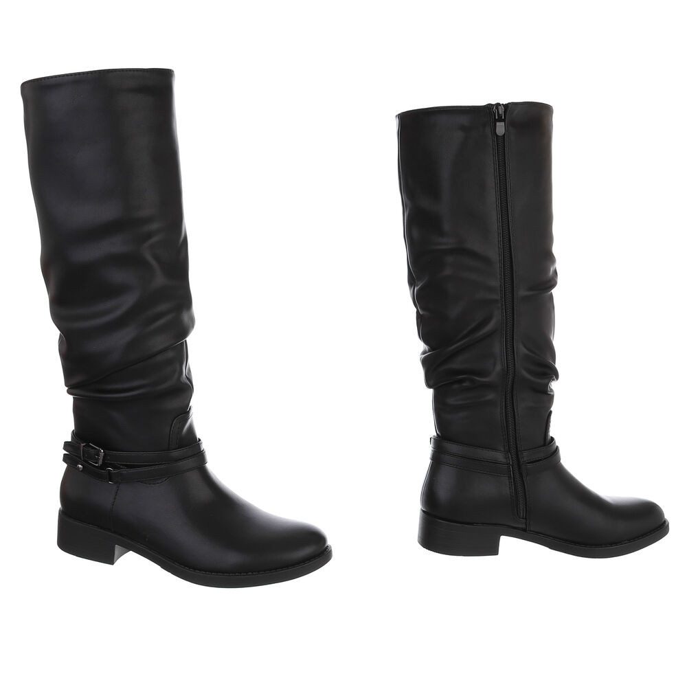 Ital-Design Damen Langschaftstiefel mit Schnalle, flacher Absatz Stiefel (92125607) Blockabsatz Flache Stiefel in Schwarz – Bild 4 von 5