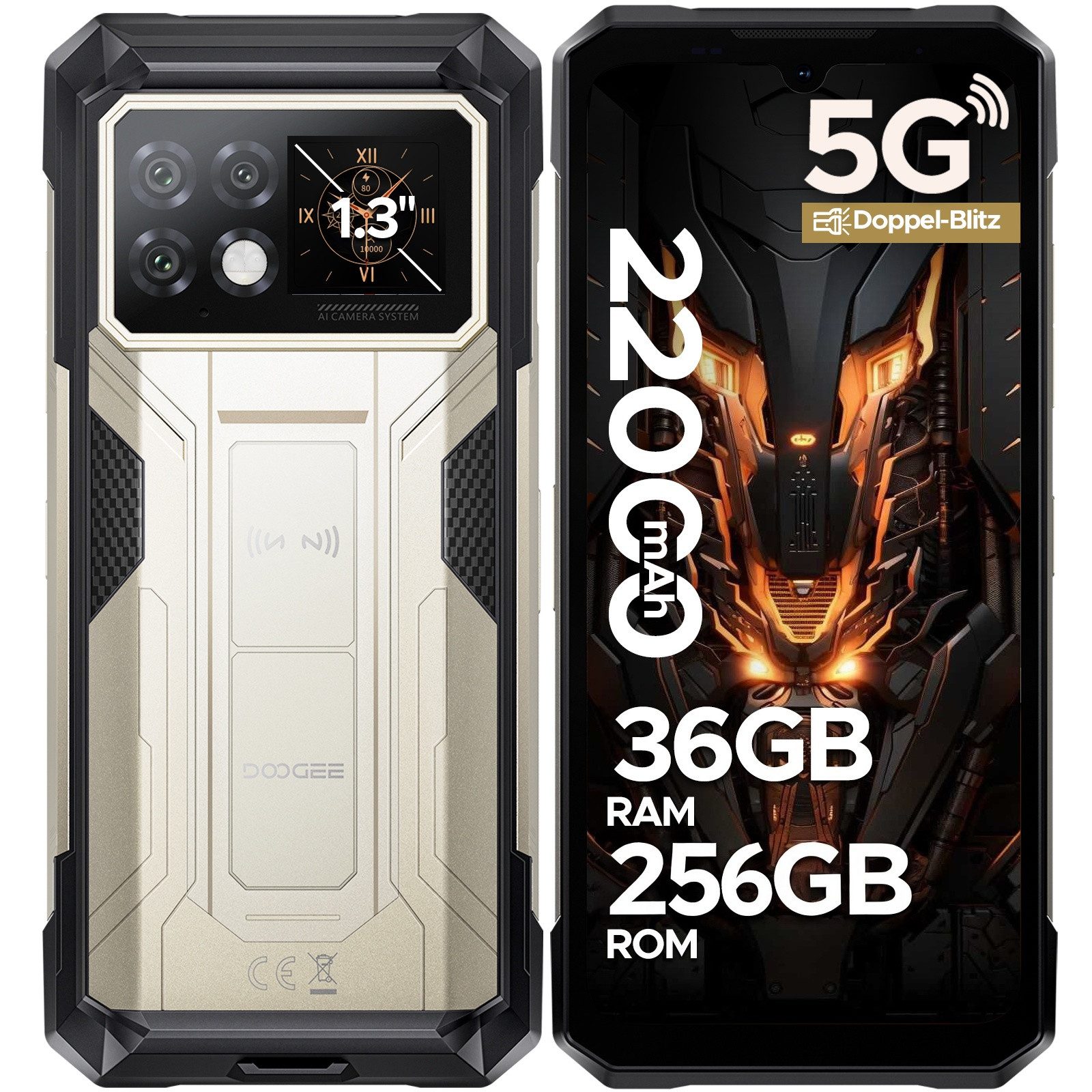 DOOGEE S200 Max 5G Outdoor Handy, 22000mAh/66W, Dual 120LM Campinglicht Smartphone (6.72 Zoll, 256 GB Speicherplatz, 108 MP Kamera, 256GB, 1.3'' AMOLED Heckdisplay, 6.72'' 120Hz, 100MP Kamera, Dual SIM)