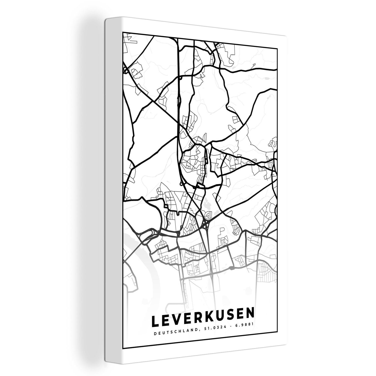 Leinwandbild - Leverkusen inkl. OneMillionCanvasses® Leinwandbild Gemälde, - (1 Karte Stadtplan, bespannt - St), 20x30 Zackenaufhänger, fertig Karte cm