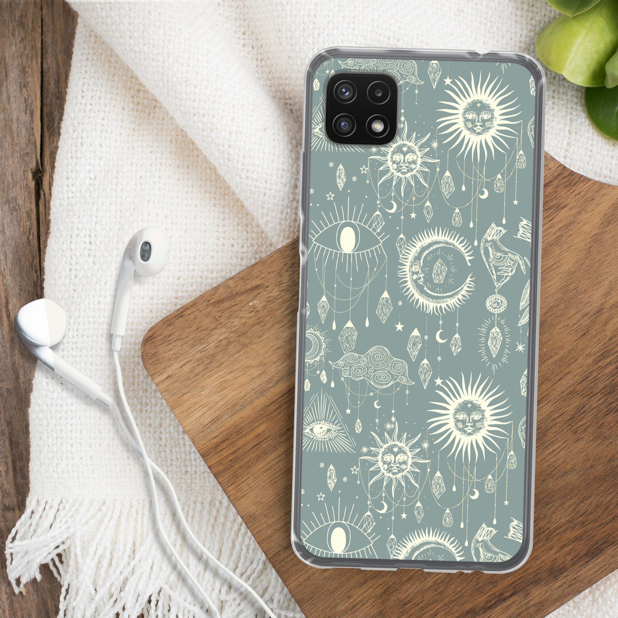 MuchoWow Handyhülle für Samsung Galaxy A22 5G Boho - Druck - Blau - Sonne - Augen - Zen, Smartphone-Bumper, Print, Handy Schutzhülle Dünn