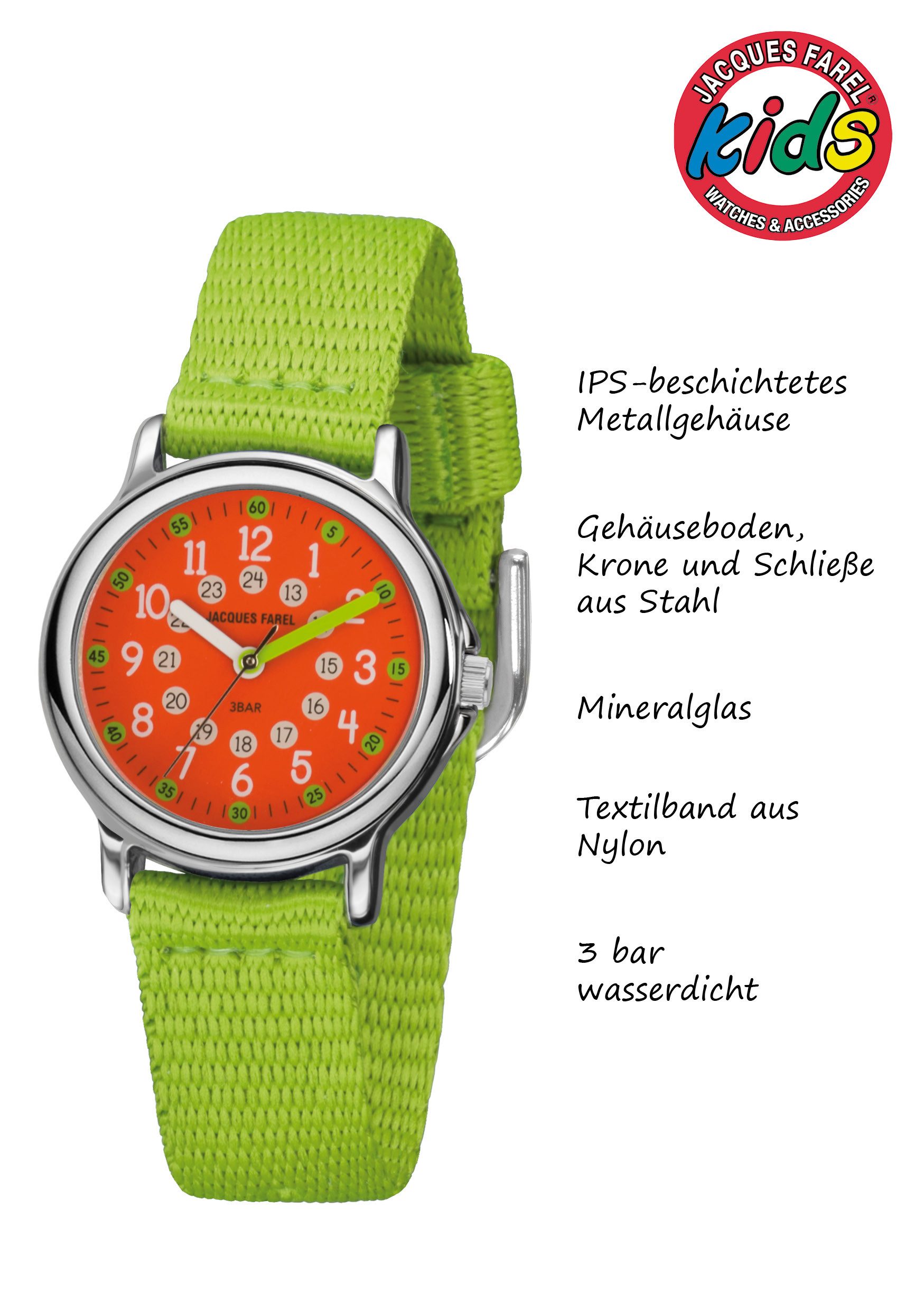 Jacques Farel Quarzuhr KCF Kinder Armbanduhr Textilband, analog Kinderuhr Lernuhr deutlich Schulanfang Geschenkidee Ø 28 mm – Bild 3 von 5