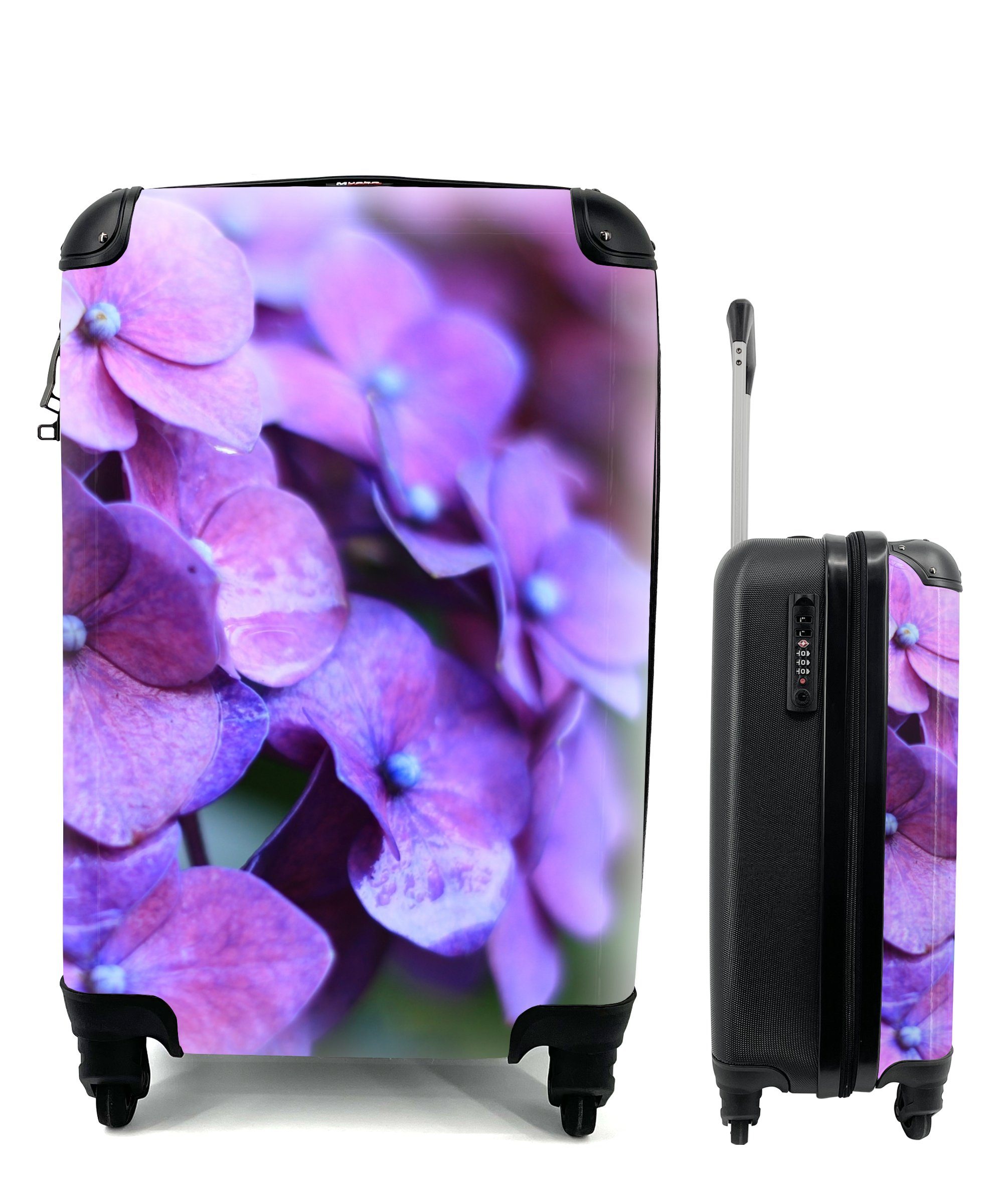 MuchoWow Handgepäckkoffer Blumen - Lila - Hortensie - Natur - Blütenblätter, 4 Rollen, Reisetasche mit rollen, Handgepäck für Ferien, Trolley, Reisekoffer