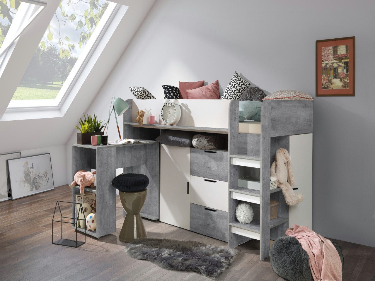 ABIKS MÖBEL Hochbett KONKRET 1 Etagenbett für Jugendliche mit Schreibtisch, Kleiderschrank