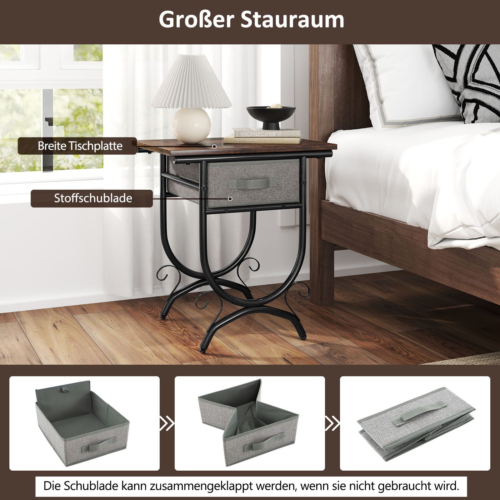 COSTWAY Beistelltisch, Nachttisch mit Stoffschublade, Metallrahmen 48x35x53cm