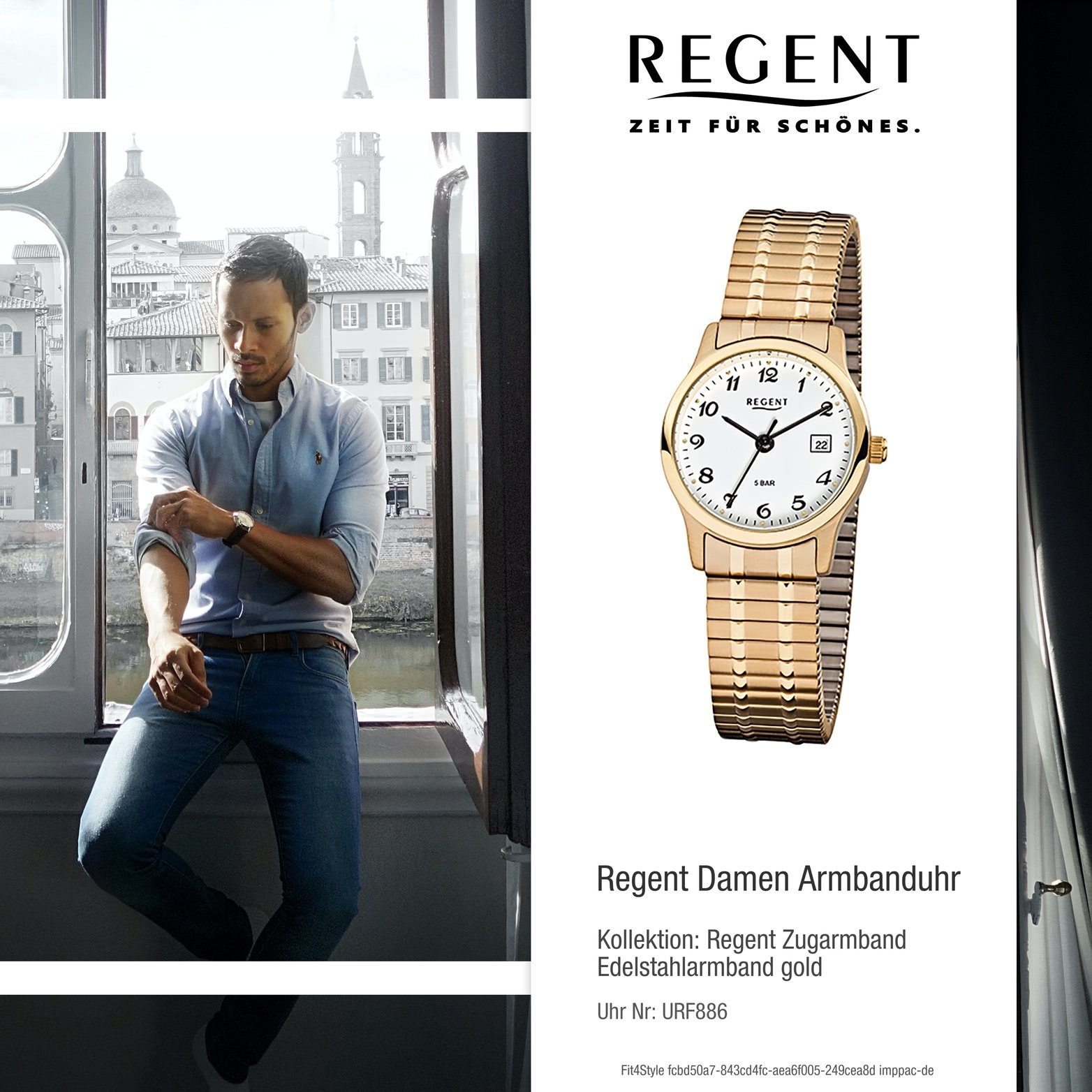 Regent Quarzuhr Regent Stahl F-886, ionenplattiert Damen-Herren mit Uhr Edelstahl, rundes Damen, Herrenuhr goldarmband, Geh