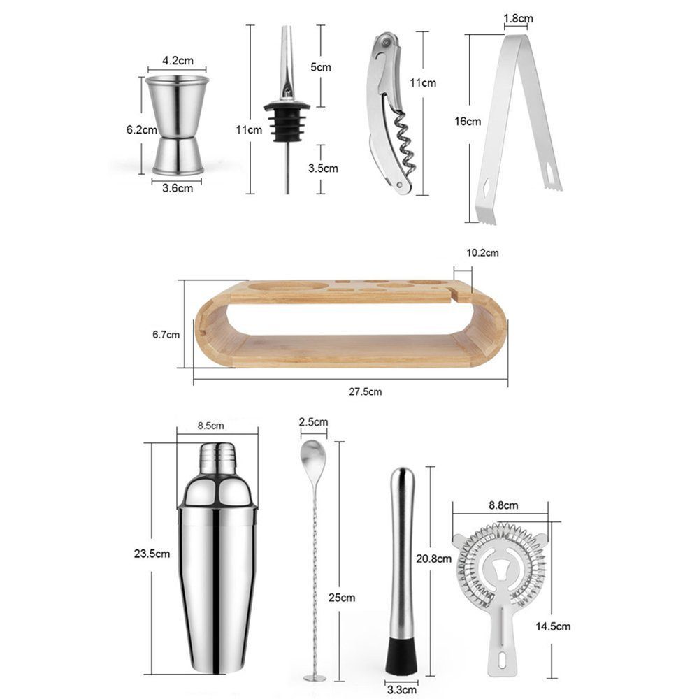 Rhein Beleuchtung Cocktail-Set Cocktail-Shaker Cocktail-Set mit Bambus-Ständer (10-teilig), (Set, 10-tlg., coktailshakerset, cocktail zubehör, bar zubehör), Langlebig, rostbeständig und leicht zu reinigen