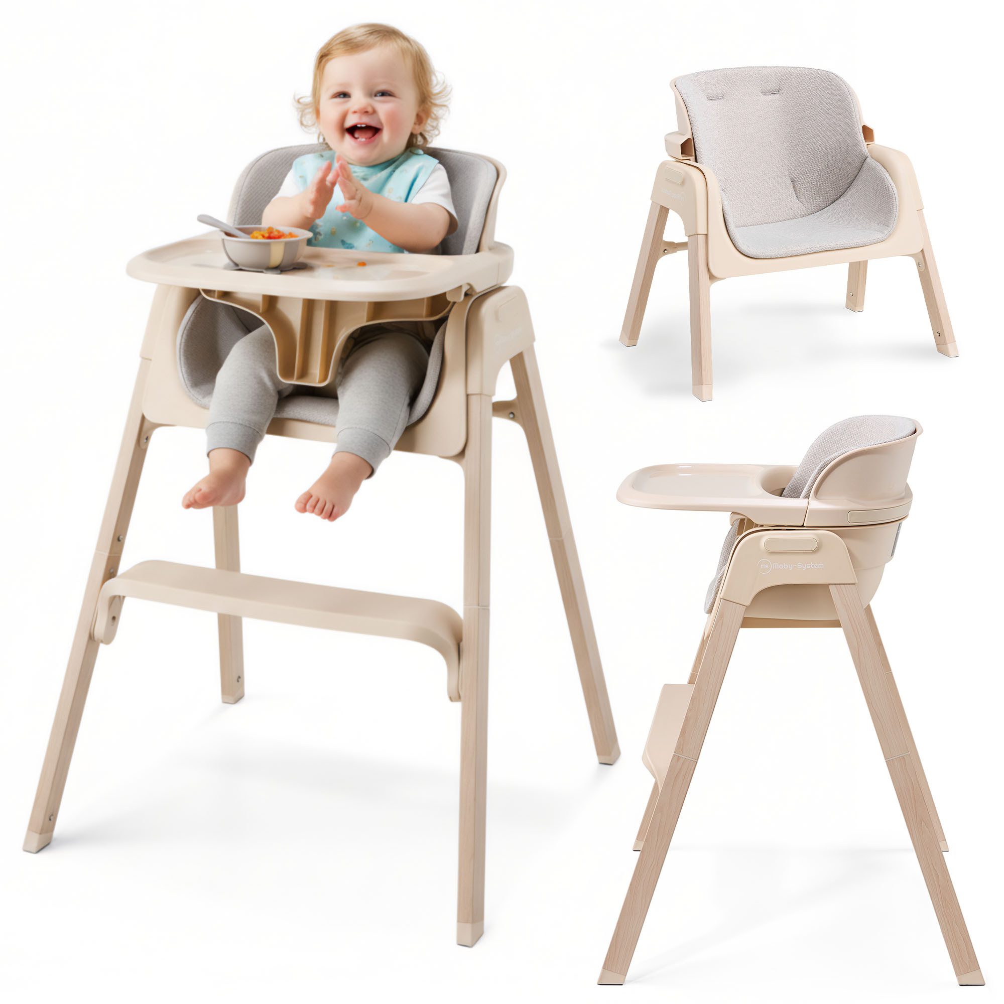 Moby-System Kinderstuhl Moby-System Lumo 3in1 Hochstuhl klappbar beige