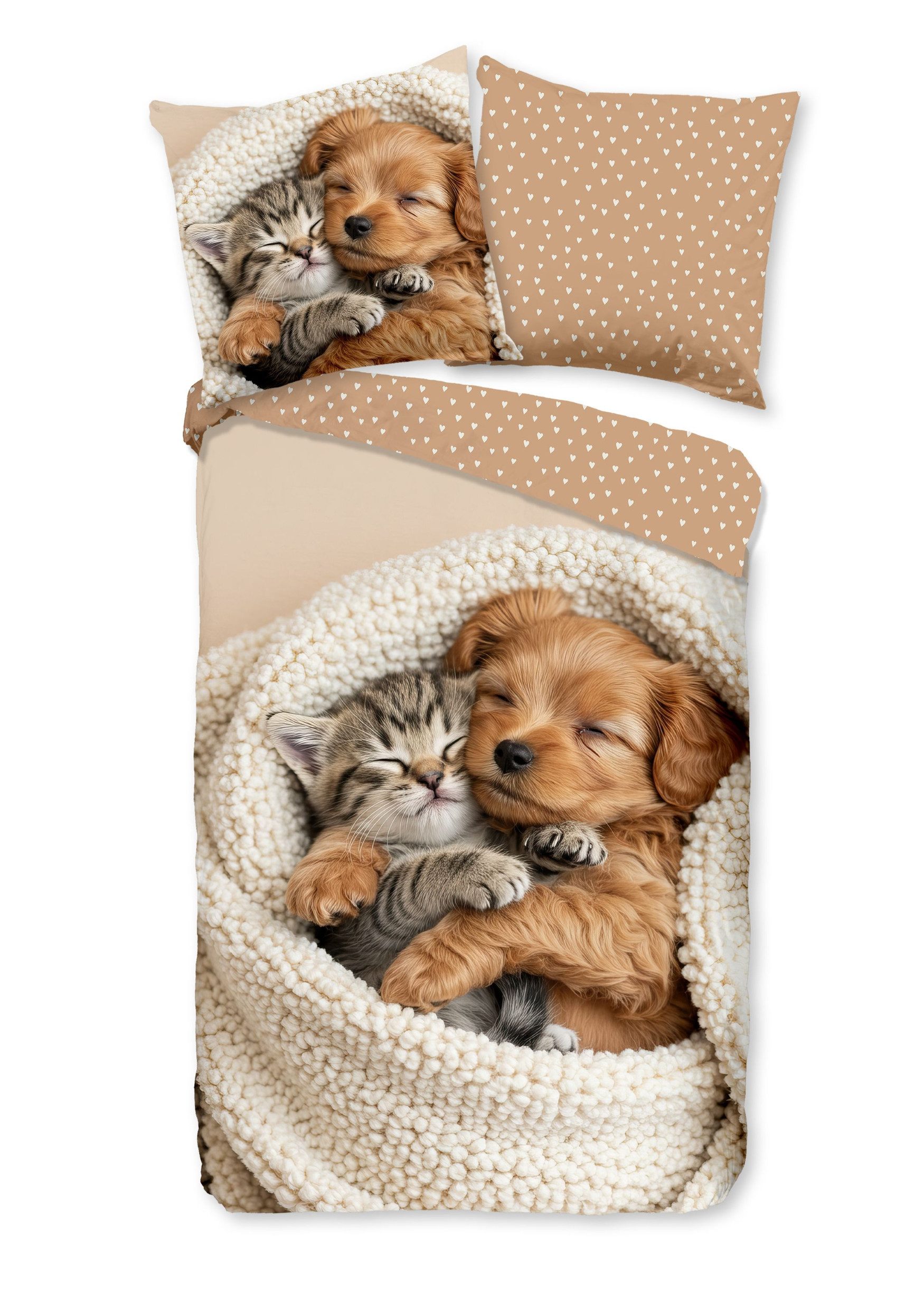 good morning Bettwäsche Comfort Baumwolle, Flanell, 2 teilig, Hund und Katze, sand, Wendebettwäsche