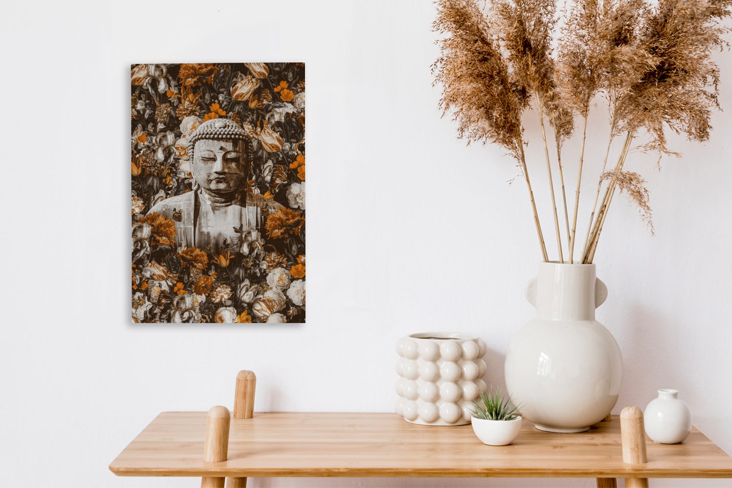 OneMillionCanvasses® Leinwandbild Buddha - Gesicht cm Blumen, (1 fertig Zackenaufhänger, bespannt inkl. Leinwandbild - 20x30 Gemälde, St)