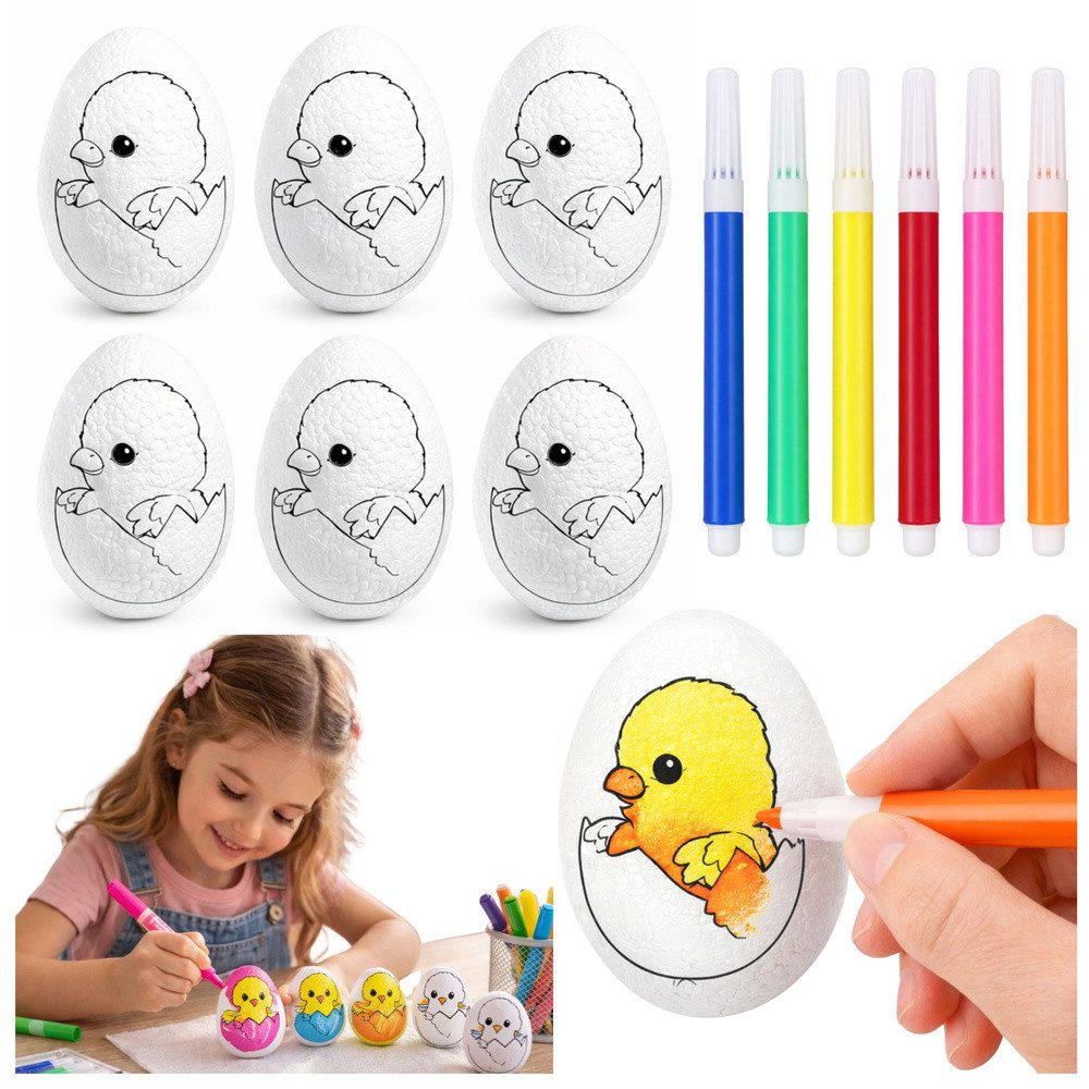 LEAN TOYS Kreativset Bastelset Ostereier Osterdeko, (Spar-Set, 6-tlg., 5,5 x 3,5 cm bemalbar), 6 Eier, 6 Filzstifte, Küken-Motiv, bemalbar