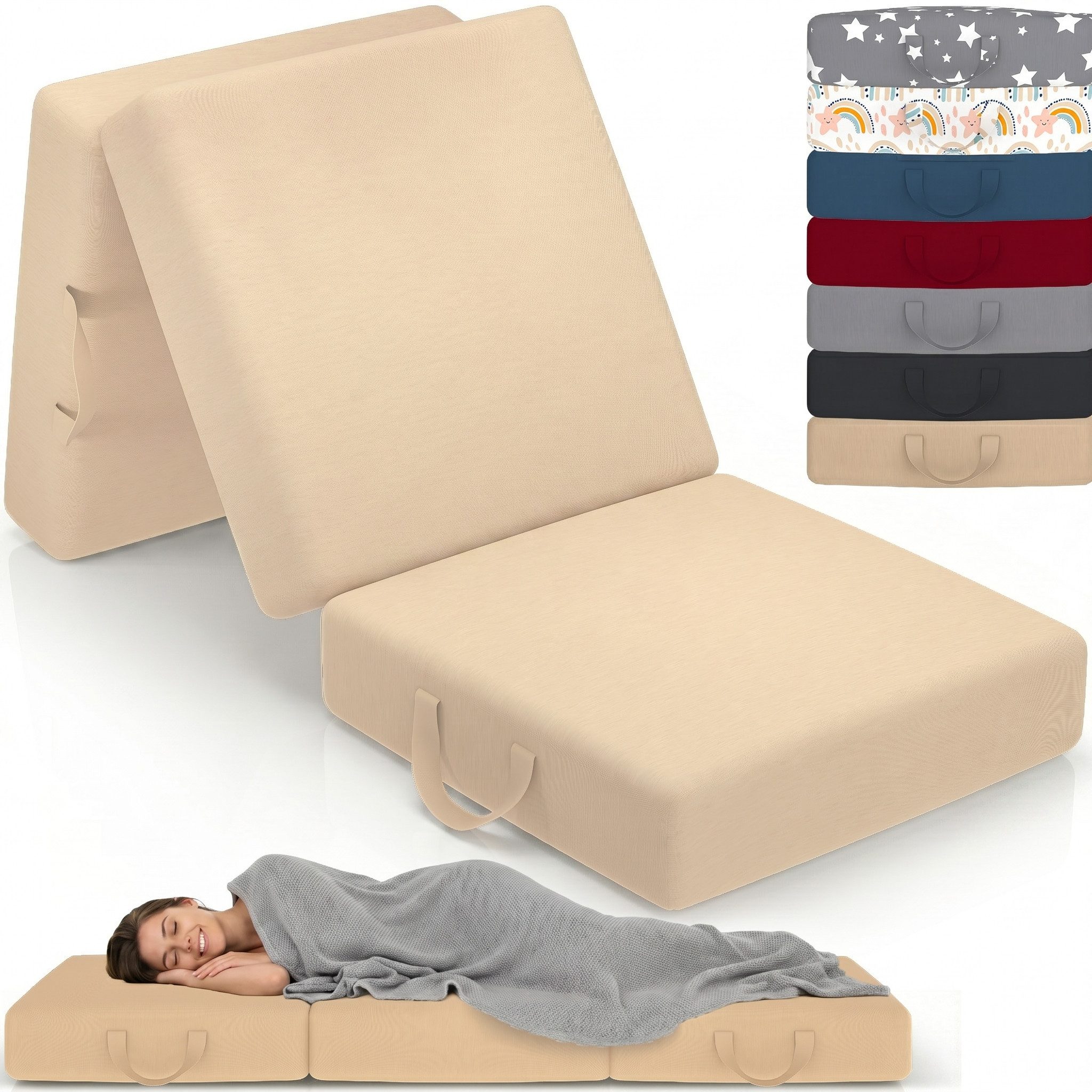 Klappmatratze 3-teilig, Gästematratze mit extra dickem Schaumstoff, ELONEO, 15 cm hoch, waschbarer Bezug, geeignet für Hausstauballergiker, schadstoffgeprüft
