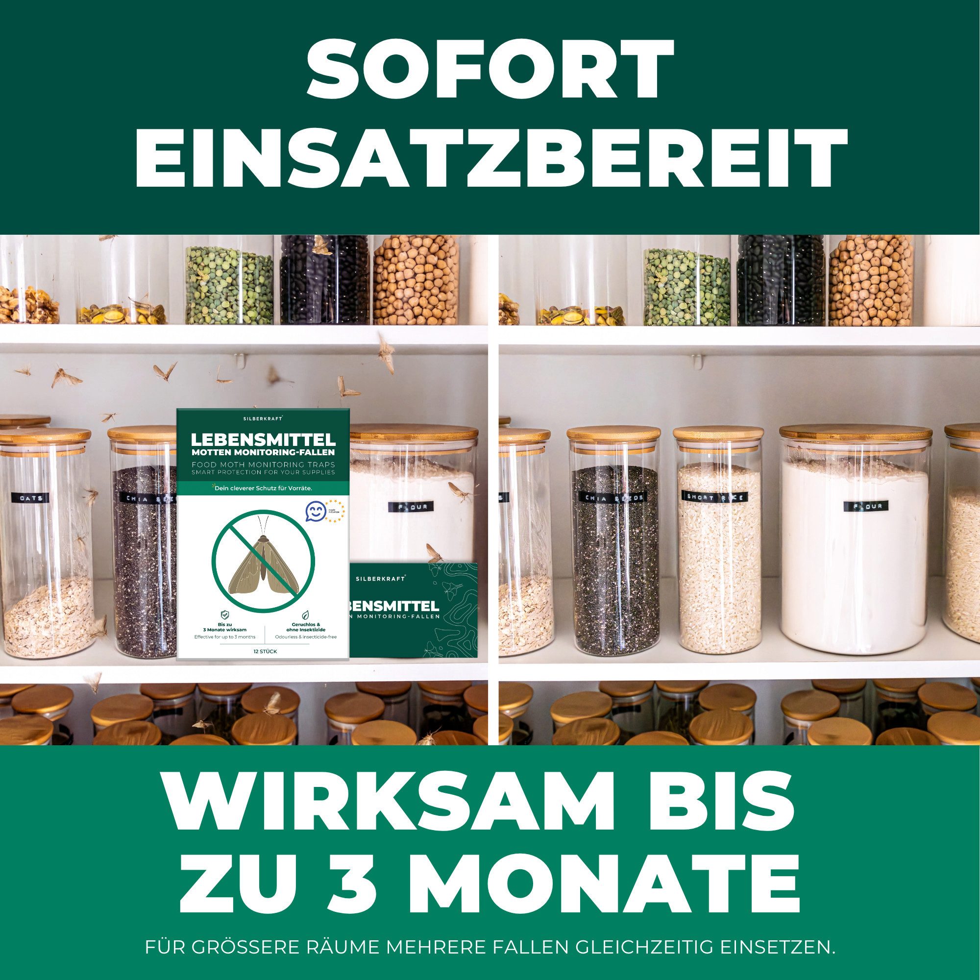 Silberkraft Insektenfalle Lebensmittelmottenfallen 12 Stück inkl. Gratis E-Book per QR-Code, Pheromon-Leimfallen zur Befallsüberwachung von Lebensmittelmotten – Bild 5 von 5