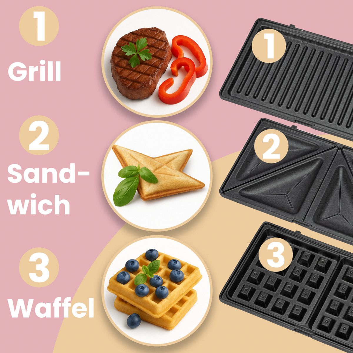 CLATRONIC 2-in-1-Sandwichmaker ST/WA 3670, 3in1 Sandwichtoaster, Waffeleisen und Kontaktgrill