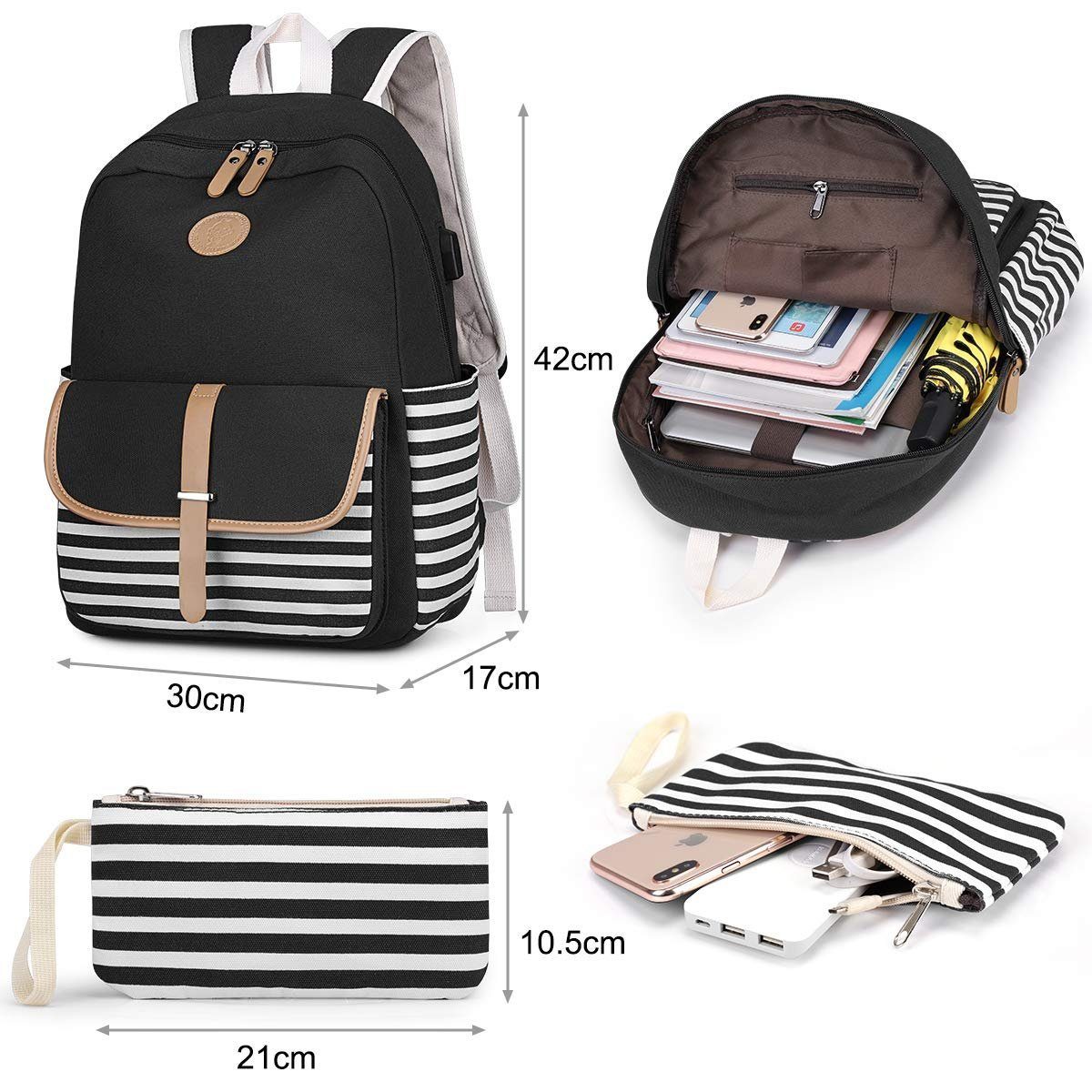 Backpack Schultaschen Schulrucksack, S-ZONE 15” Schwarz für Schulrucksack