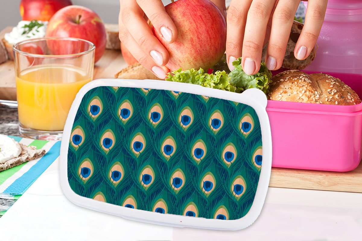 Snackbox, Blau, Pfau Federn Mädchen, Lunchbox Design Brotdose rosa Grün Erwachsene, - Kunststoff, - Brotbox (2-tlg), - Kinder, MuchoWow Kunststoff - für