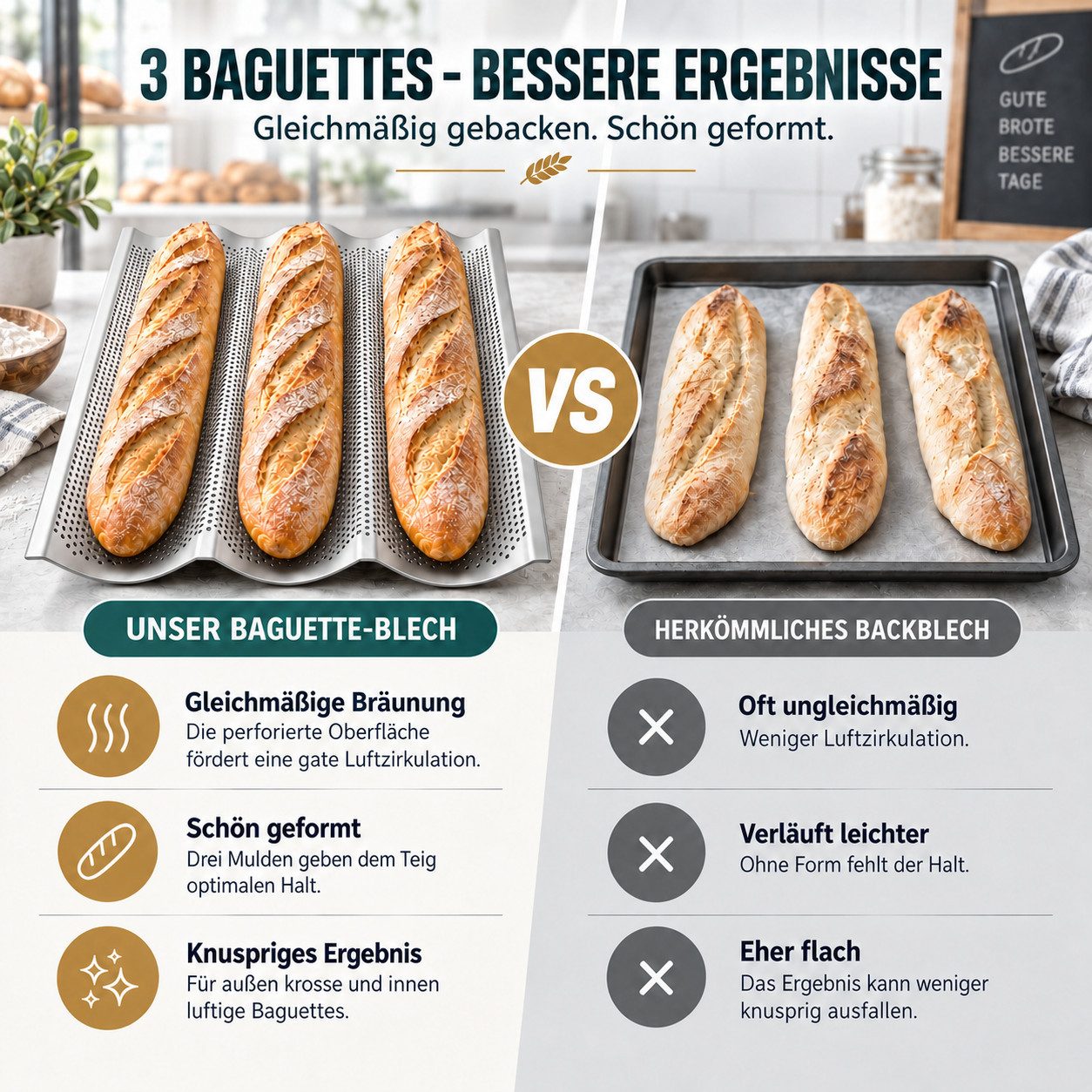GLIESE POWER Baguetteblech – antihaftbeschichtet und hitzebeständig, 3 Mulden, perforiert, Antihaft, 38x25x2 cm, für Standardbacköfen – Bild 3 von 5