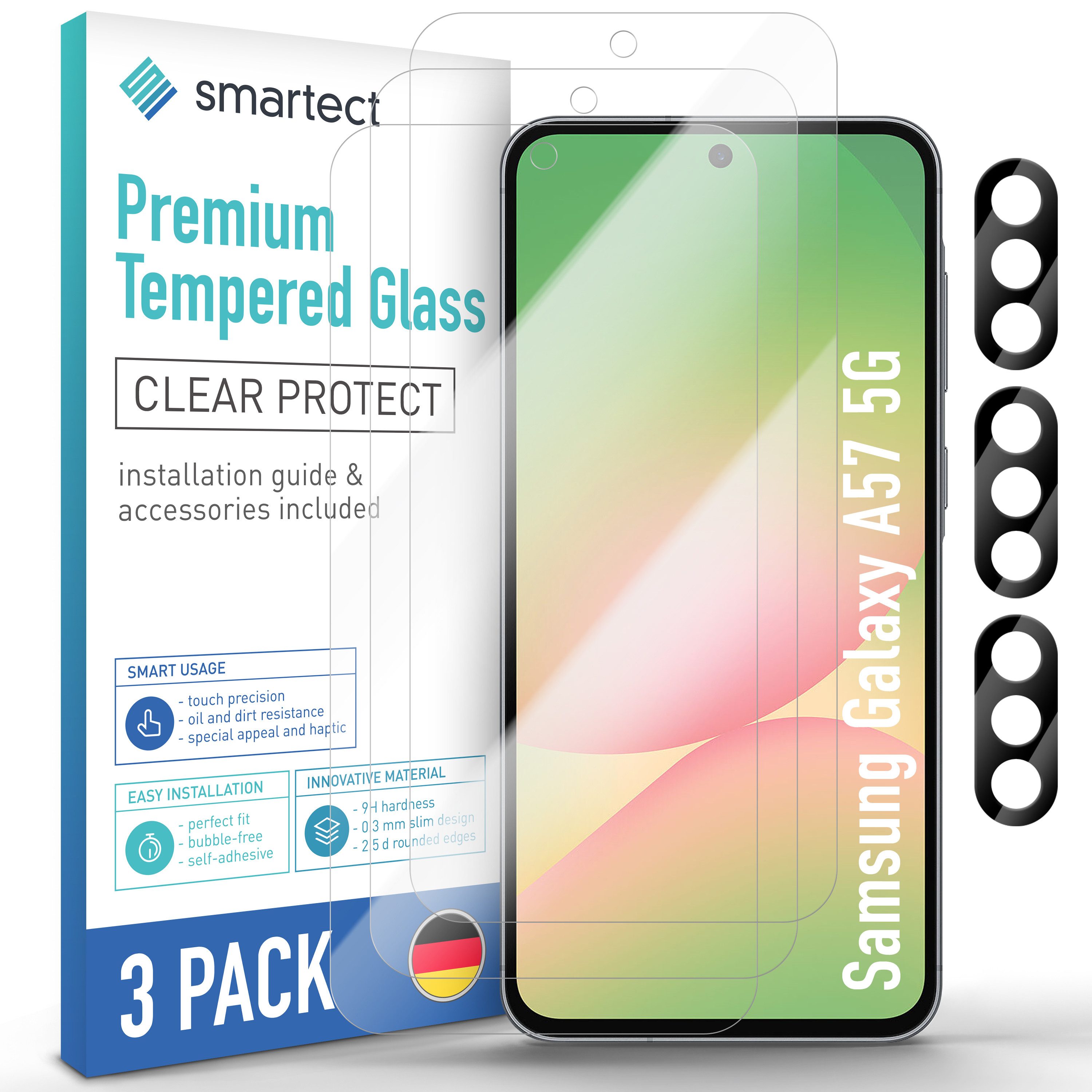 smartect Displayschutzglas Schutzglas Panzerfolie Klar 3 + 3 Stück für Samsung Galaxy A57 5G für Samsung Galaxy A57 5G, Set, 3 Stück, Display + Kamera, 9H Härte, Kratzfest, Stoßfest, Blasenfrei, Oleophob