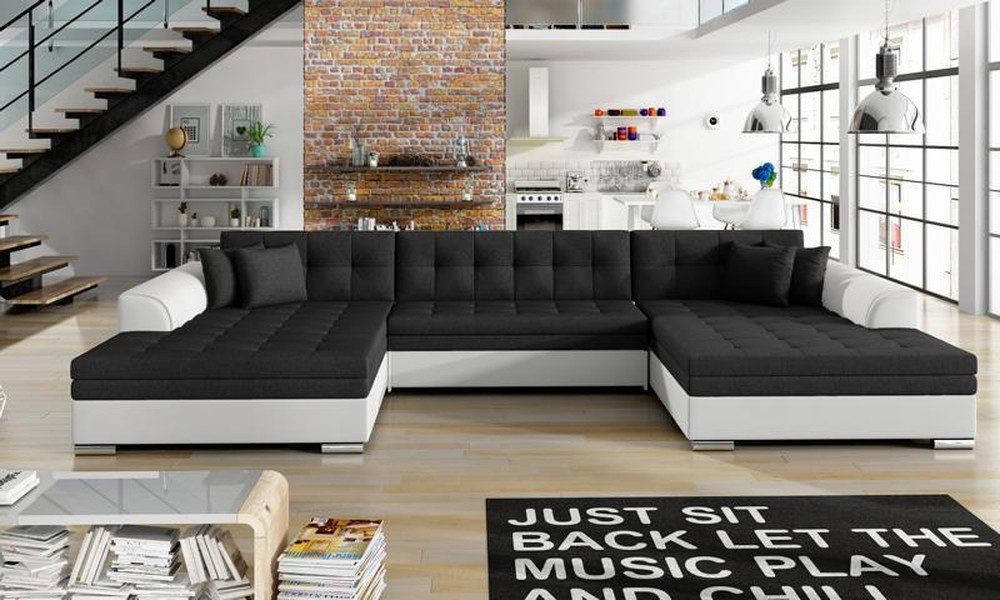 JVmoebel Wohnlandschaft Elegante Vento Couch mit Bettfunktion, Leder und Textil, Grau, Made in Europa