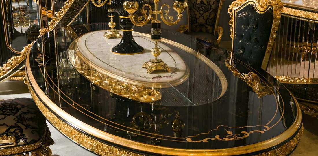 JVmoebel Esszimmer-Set Elegantes Esszimmer Set aus Holz und Glas in Schwarz-Gold, (10-St., Esstisch, 6х Stühle, Sideboard, Spiegel, Vitrine), Made in Europe