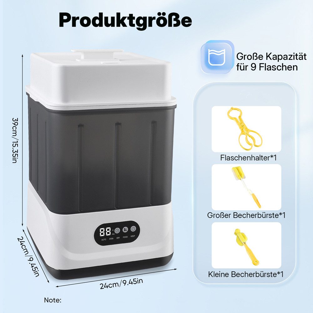 i@home Dampfsterilisator Babyflaschen-Sterilisator für zuhause, 360° Heißluft (60-90 Min), LCD-Touch, 9 Flaschen Kapazität, 3-in-1 Flaschensterilisator mit Trockner & Wärmer