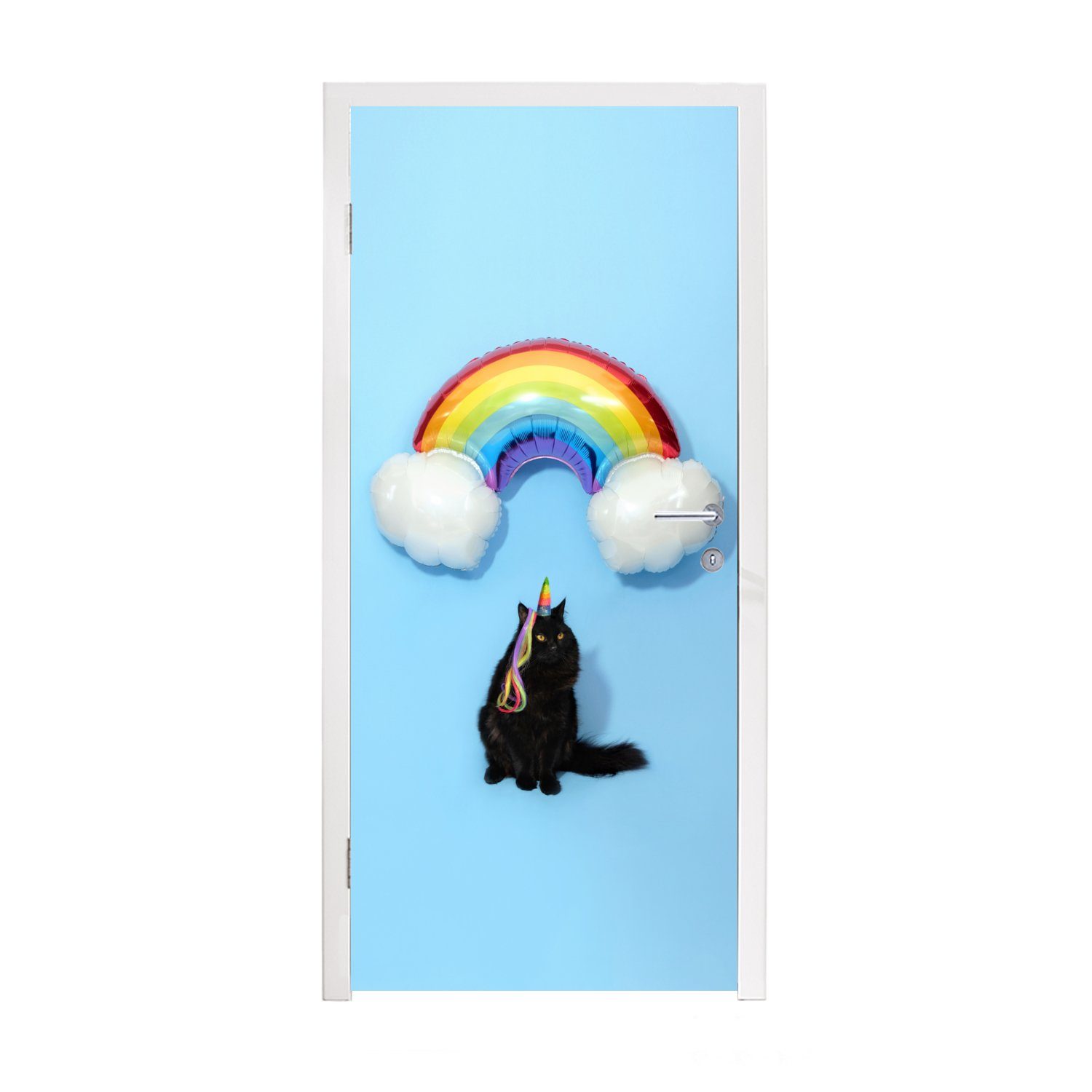 Türtapete (1 für mit einem Fototapete 75x205 Matt, Tür, bedruckt, cm Regenbogenballon, Katze St), MuchoWow Türaufkleber,