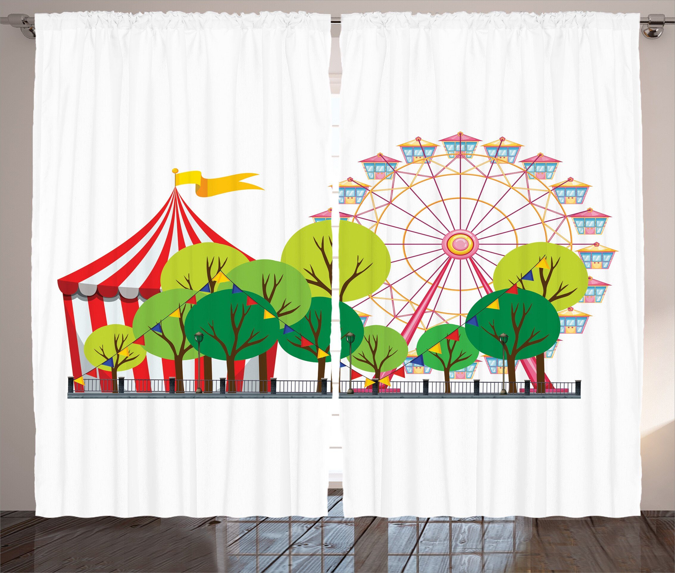Gardine Schlafzimmer Kräuselband Vorhang mit Schlaufen und Haken, Abakuhaus, Bunt Zirkus-Karnevals-Szene