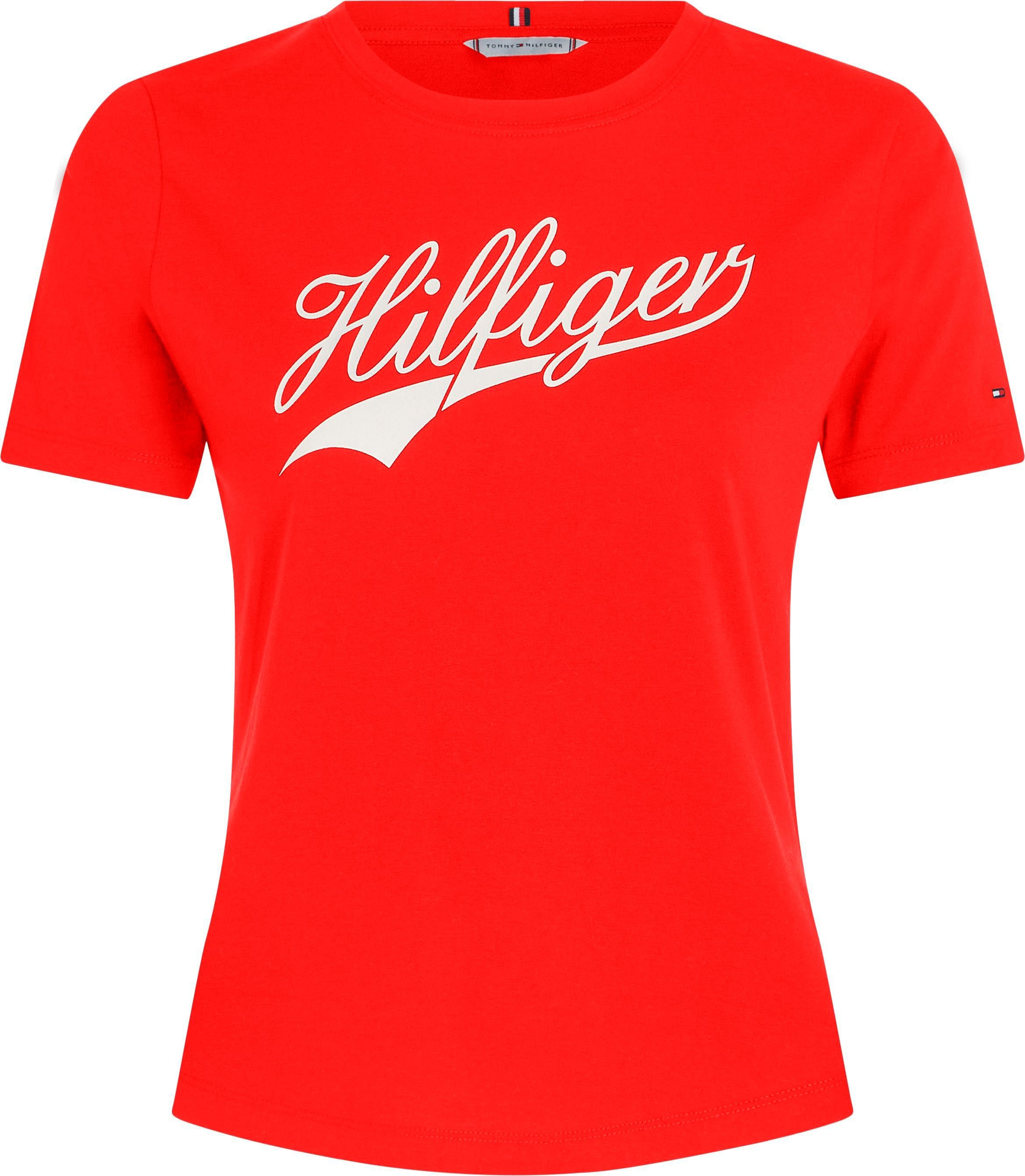 Tommy Hilfiger Rundhalsshirt SLIM H85 C-NK SS TEE SS mit großem Hilfger Logo-Schriftzug Fierce_Red