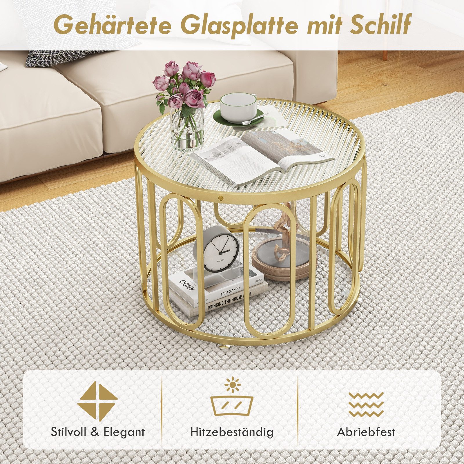 COSTWAY Couchtisch, rund, Glas, mit Stauraum, günstig online kaufen