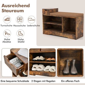 COSTWAY Schuhbank, mit Sitzkissen, Stauraum & Schublade, Holz, 80cm, braun