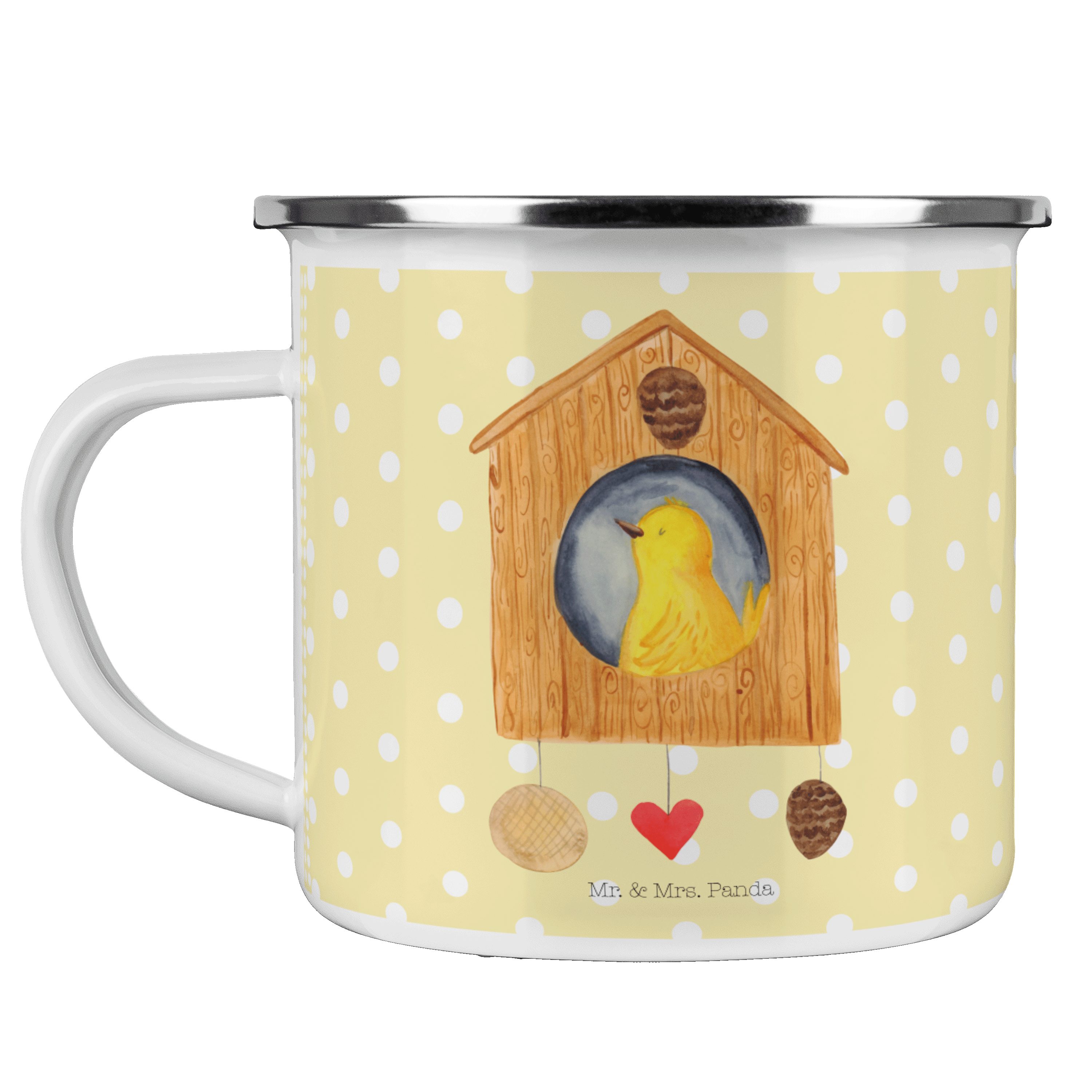 Mr. & Mrs. Panda Becher Vogelhaus sweet Home - Gelb Pastell - Geschenk, Einzug, Camping Tasse, Emaille