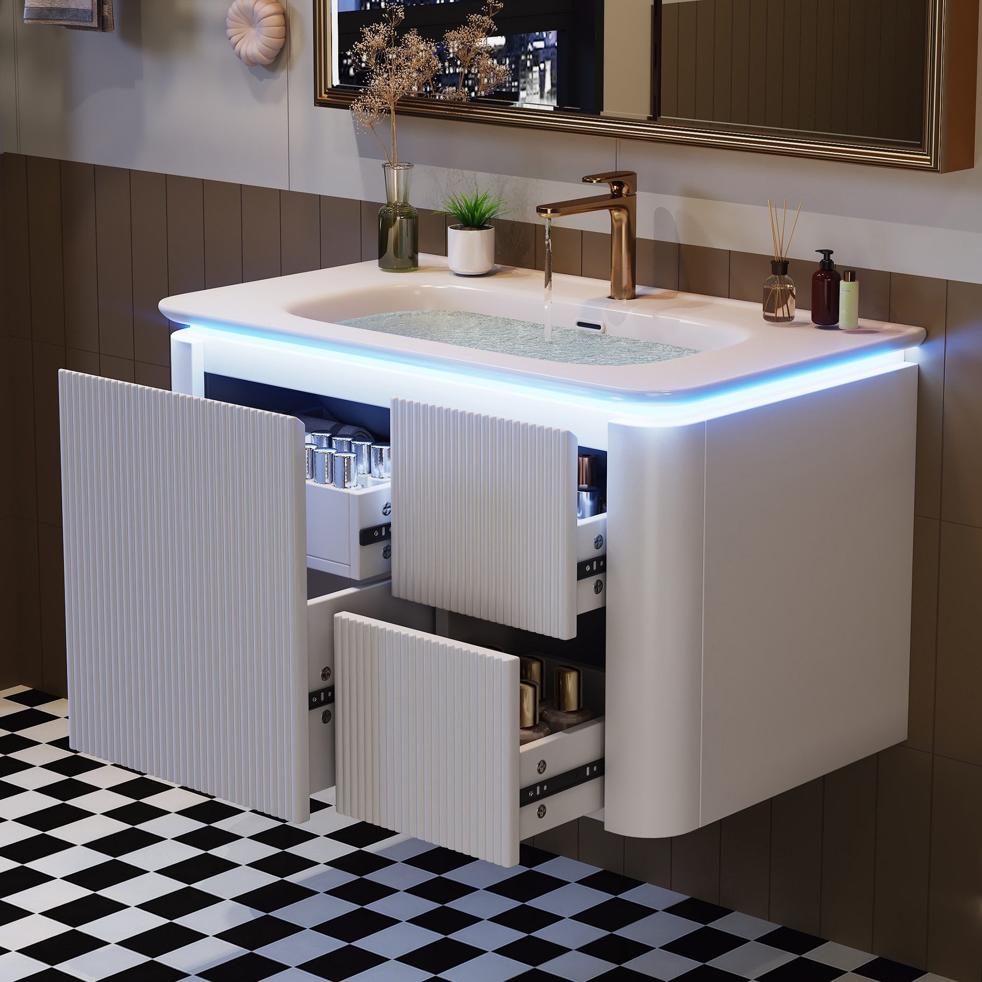 Flieks Waschtisch LED-Radarsensor Waschbeckenunterschrank inkl. Waschbecken (wandhängend, Badschrank mit Led-Beleuchtung Waschplatz Badzimmer, 1-St., B80,5xT47,5/H51 cm), Badmöbel-Set Badzimmerschrank mit 4 Schubladen Volllackierung Weiß