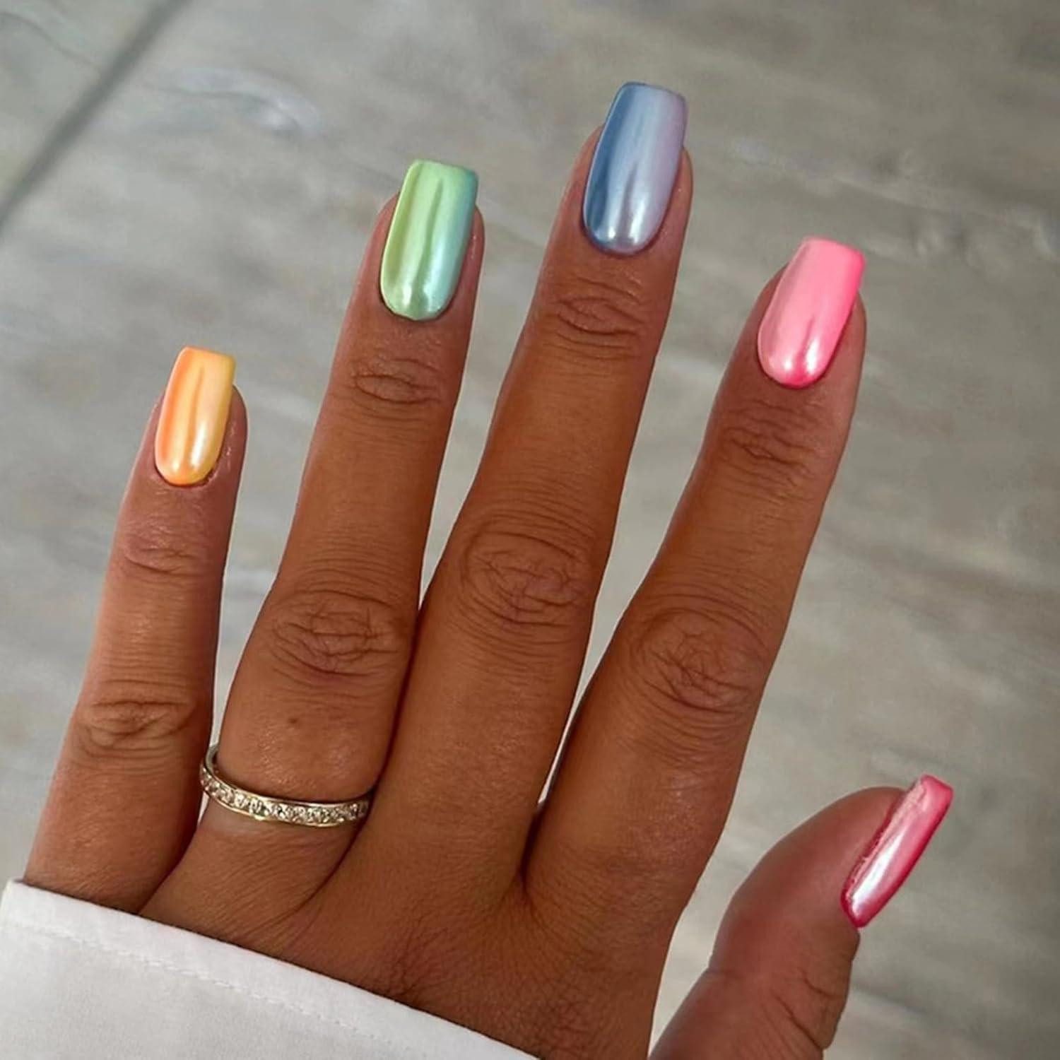 LuxusKollektion Kunstfingernägel Kunstnagel Set 24 Stück French Press on kurz eckig Regenbogen Aurora