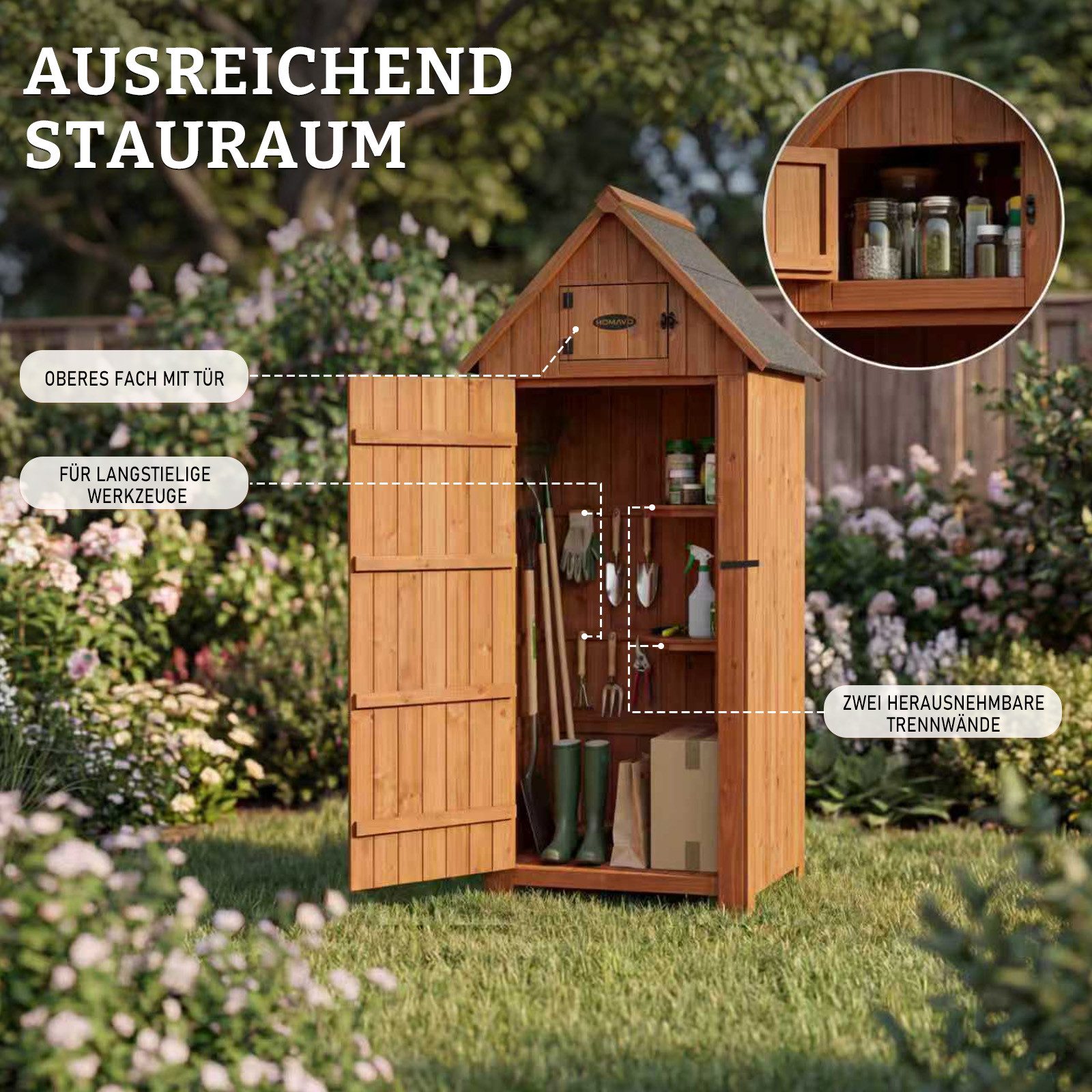 HOMAVO Gerätehaus Gartenschrank Werkzeugschrank Geräteschuppen Holzhäuschen, Outdoor-Schrank, Satteldach, mit 3 Einlegeböden, 77*54.3*179 cm