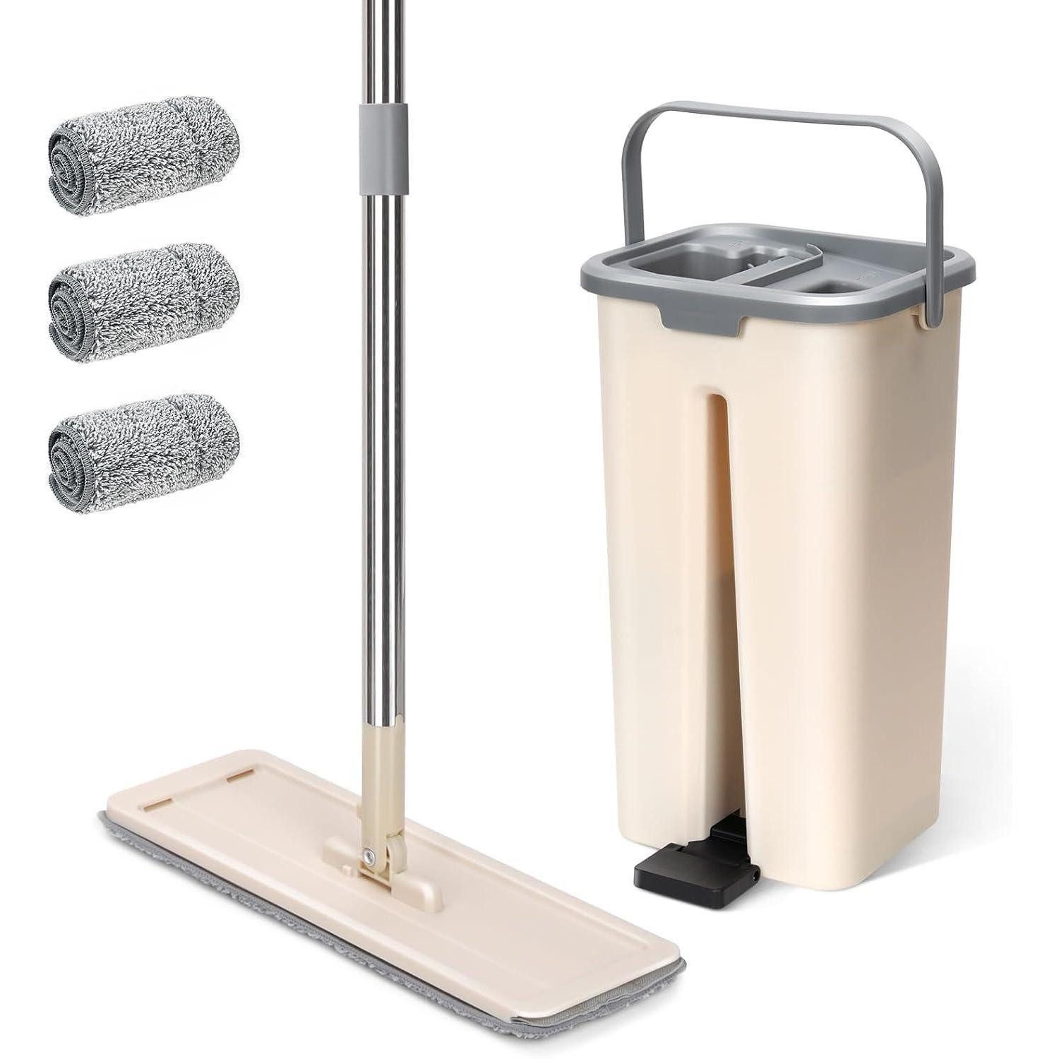 LuxusKollektion Reinigungs-Set Wischmopp Set Eimer Auswringer Mikrofaser Bodenwischer Beige-2.9l