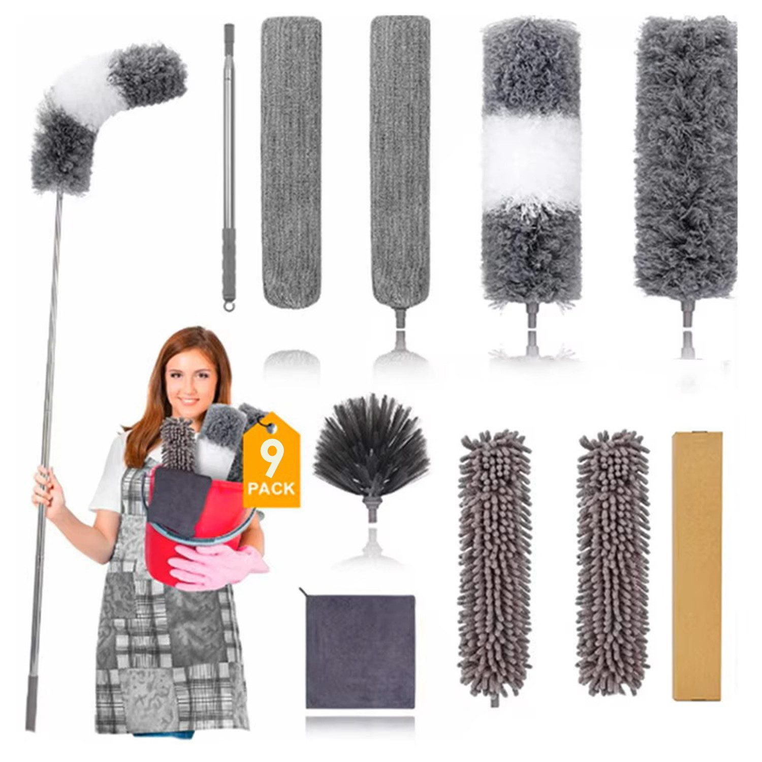 Refined Living Staubwedel 9-tlg Staubwedel-Set Teleskop Waschbar ausziehbarer Stange bis 210 cm (Staubwischer Mikrofaser Bürste und Lappen zum Entfernen von Spinnweben, 9-St., für das Reinigen von Decken, Deckenventilator, Ecken und Spinnweben), Reinigungsbürsten-Set zum Reinigen von Möbeln,Vorhängen, Bücherregalen