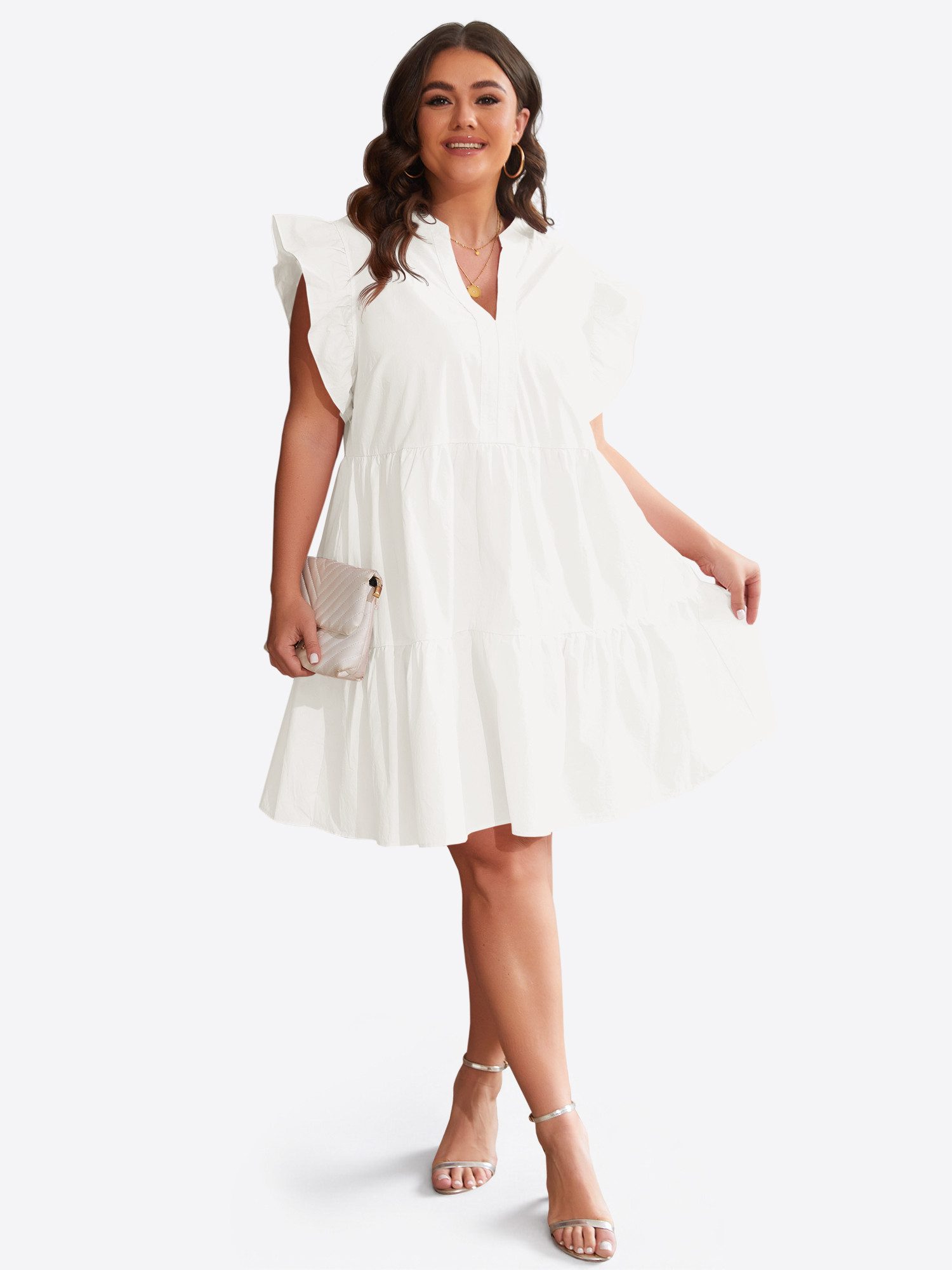 Imily Bela Minikleid Damen Oversize Kurzarm V-Ausschnitt mit Rüschenärmeln A-Linie Sommer (Packung, 1-tlg., 1per-Pack) mit gerüschtem Rock aus Baumwolle in Unifarbe
