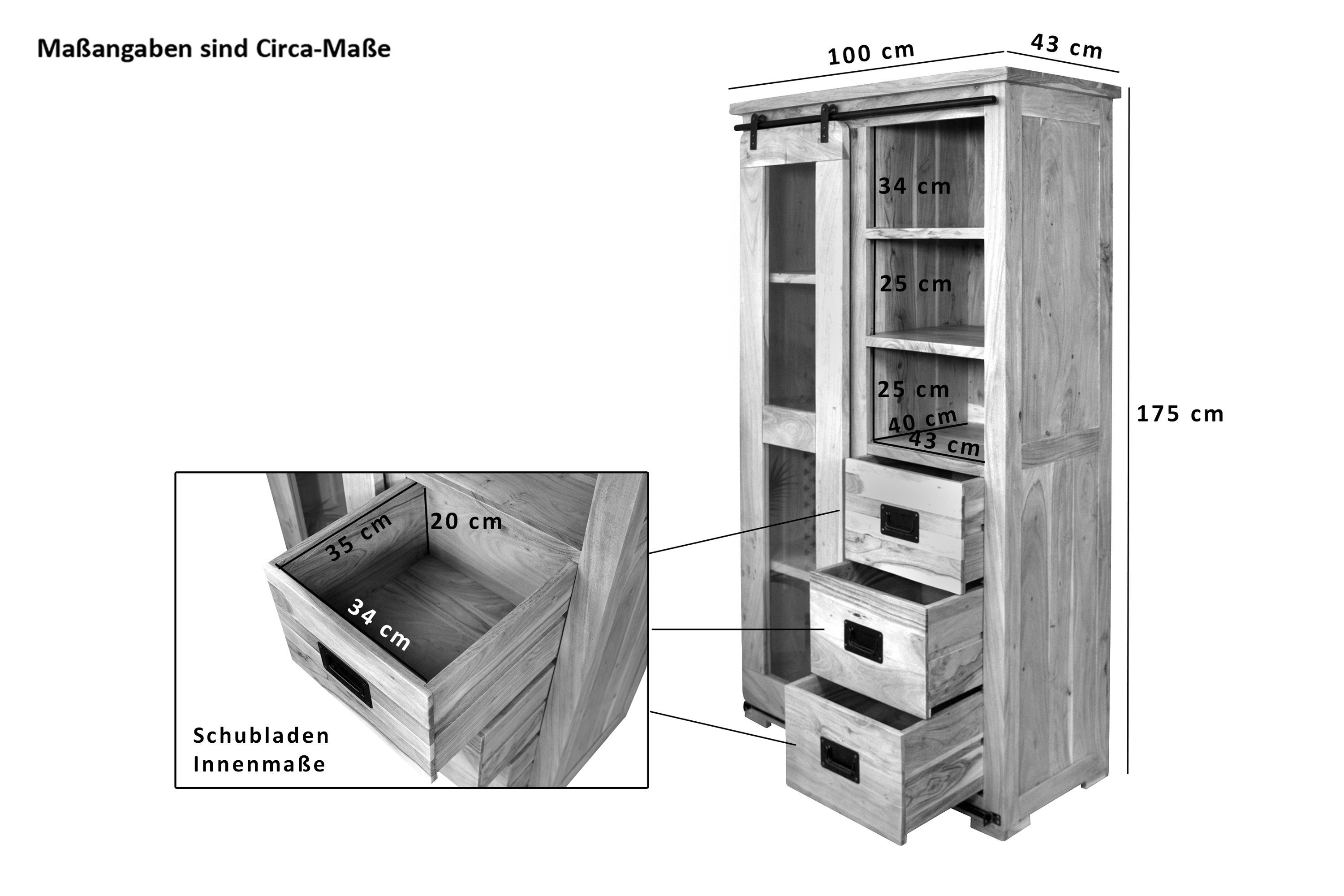 Akazienholz, Metallschiene Vitrine Junado® Libro vielfarbig Schiebetür, massives Ablagefläche, mit