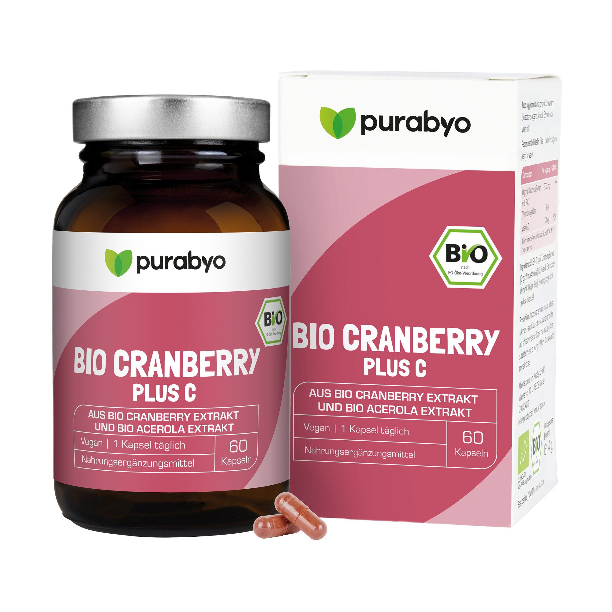 Purabyo Bio Cranberry plus C, 600 mg Bio Cranberry Extrakt, im Glas Kapsel, 1 er 61 g