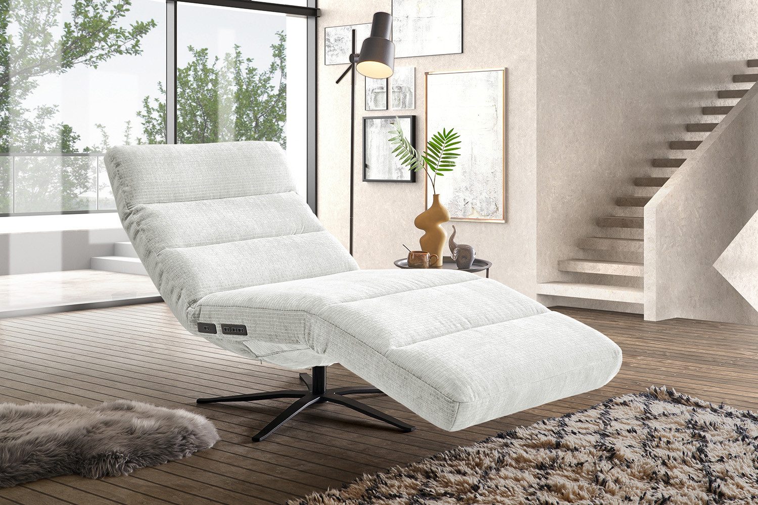 KAWOLA Relaxliege ALINA Cord weiß - Motorisch & Bequem - TV Liege, 360° drehbar, motorisch, Komfortpolsterung, Cord Vintage Look