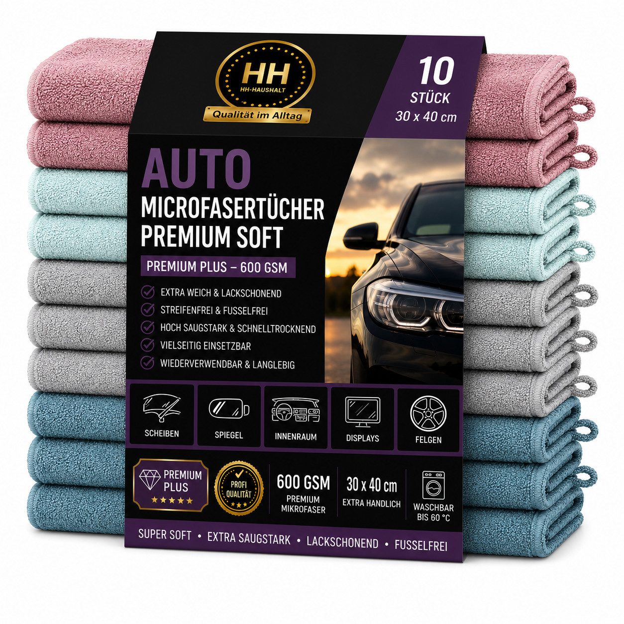HH-Haushalt Auto Microfasertücher Premium Plus 600 GSM 30 x 40 cm 10er Set Soft Pflegetuch (Polyester, 30x40 cm, Super-Soft zur Hochglanzreinigung, 10-tlg., Weiche Mikrofaser für streifenfreie Oberflächenreinigung, Sanft, streifenfrei, hochglänzend, langlebig, vielseitig nutzbar)