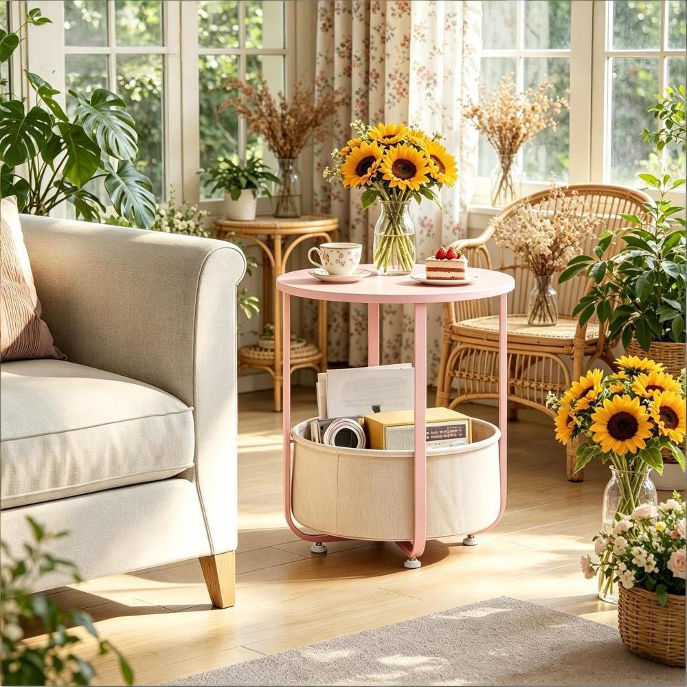 BBWL Couchtisch Beistelltisch Runder mit Stoffkorb, Metall-Holz Design, 45x50 cm, stabiler, moderner Stauraum Beistelltisch für Wohnzimmer Schlafzimmer