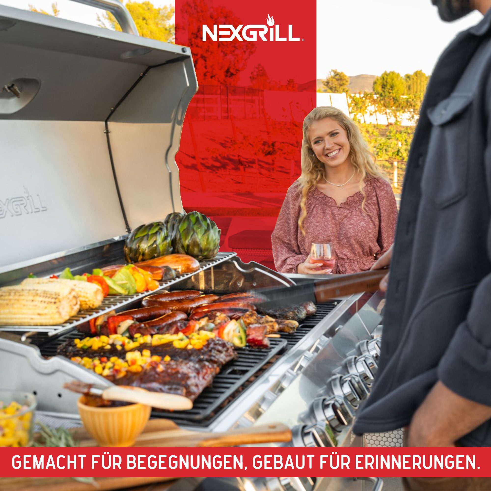 nexgrill Gasgrill 6B Gourmet Pro 6 + 1 Brenner, Keramik-Seitenbrenner & Gusseisen Plancha, 22KW, Griddle Max, Grillwagen, Aufbaumaß: 152x57x121 cm