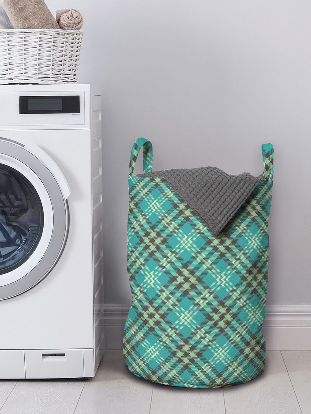 Kordelzugverschluss für Wäschesäckchen mit Brown and Wäschekorb Scottish Waschsalons, Abakuhaus Griffen Plaid Symmetry
